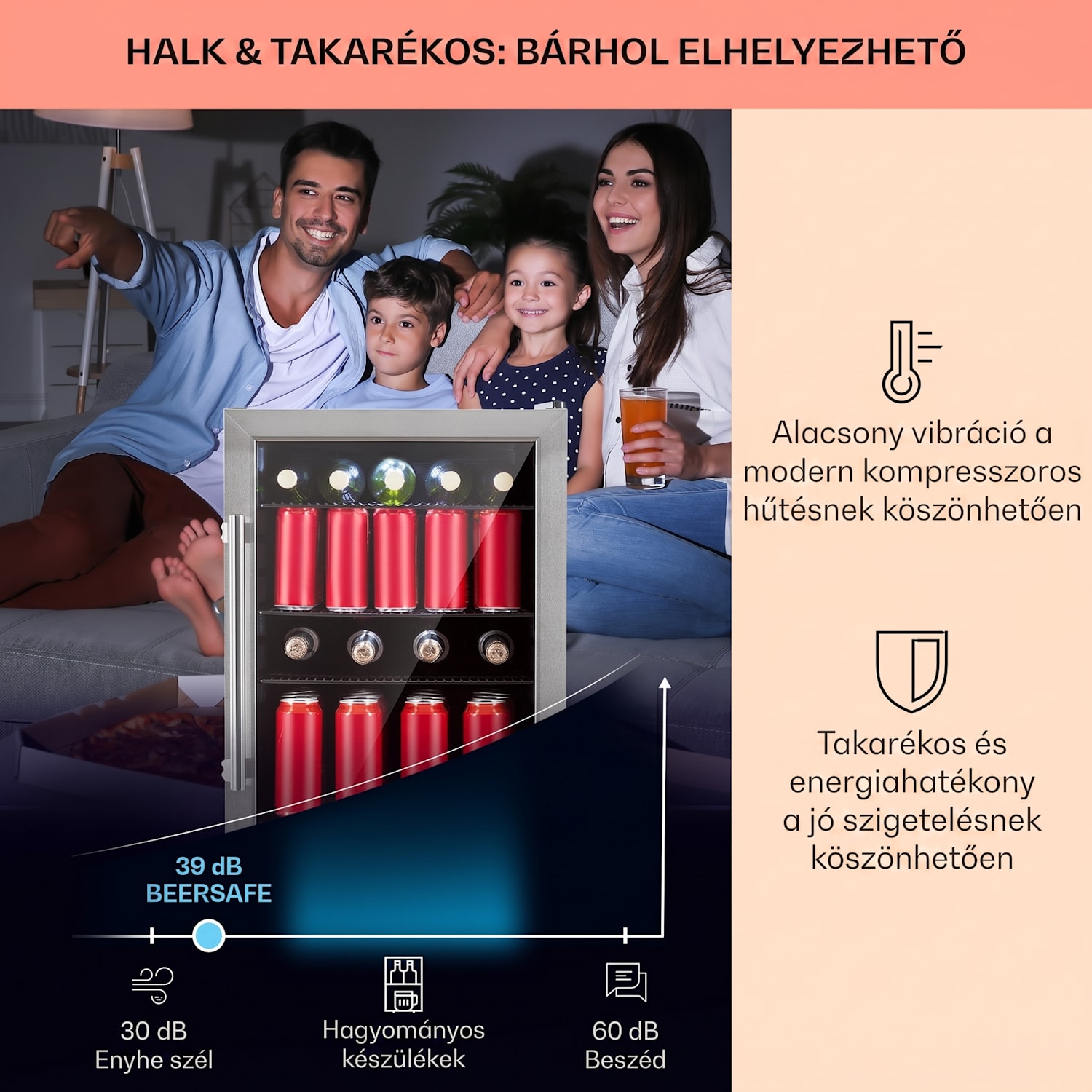 Beersafe 3XL, hűtőszekrény, 98 liter, 4 csúsztatható polc, 7 szint, fekete 98 Ltr | Fekete | Ezüst
