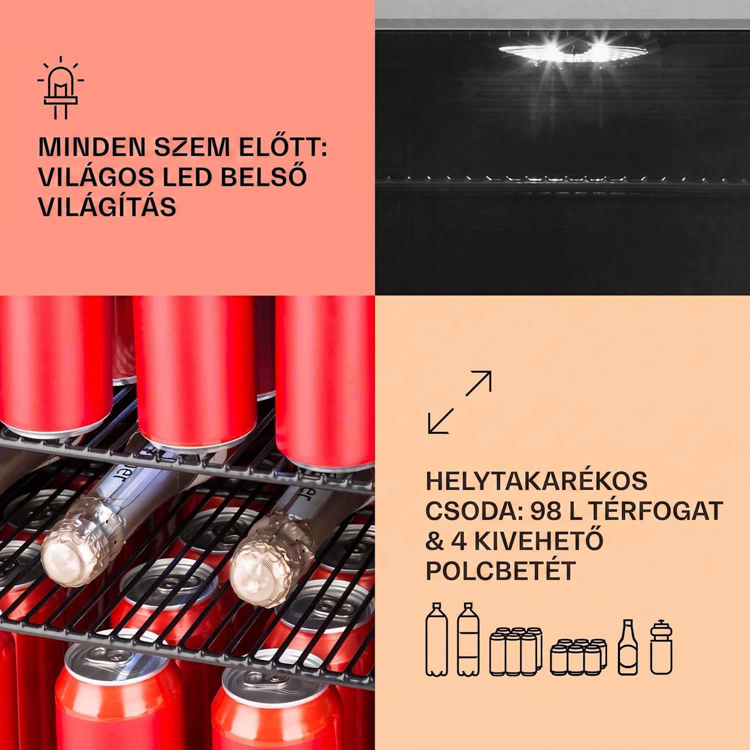 Beersafe 3XL, hűtőszekrény, 98 liter, 4 csúsztatható polc, 7 szint, fekete 98 Ltr | Fekete | Ezüst