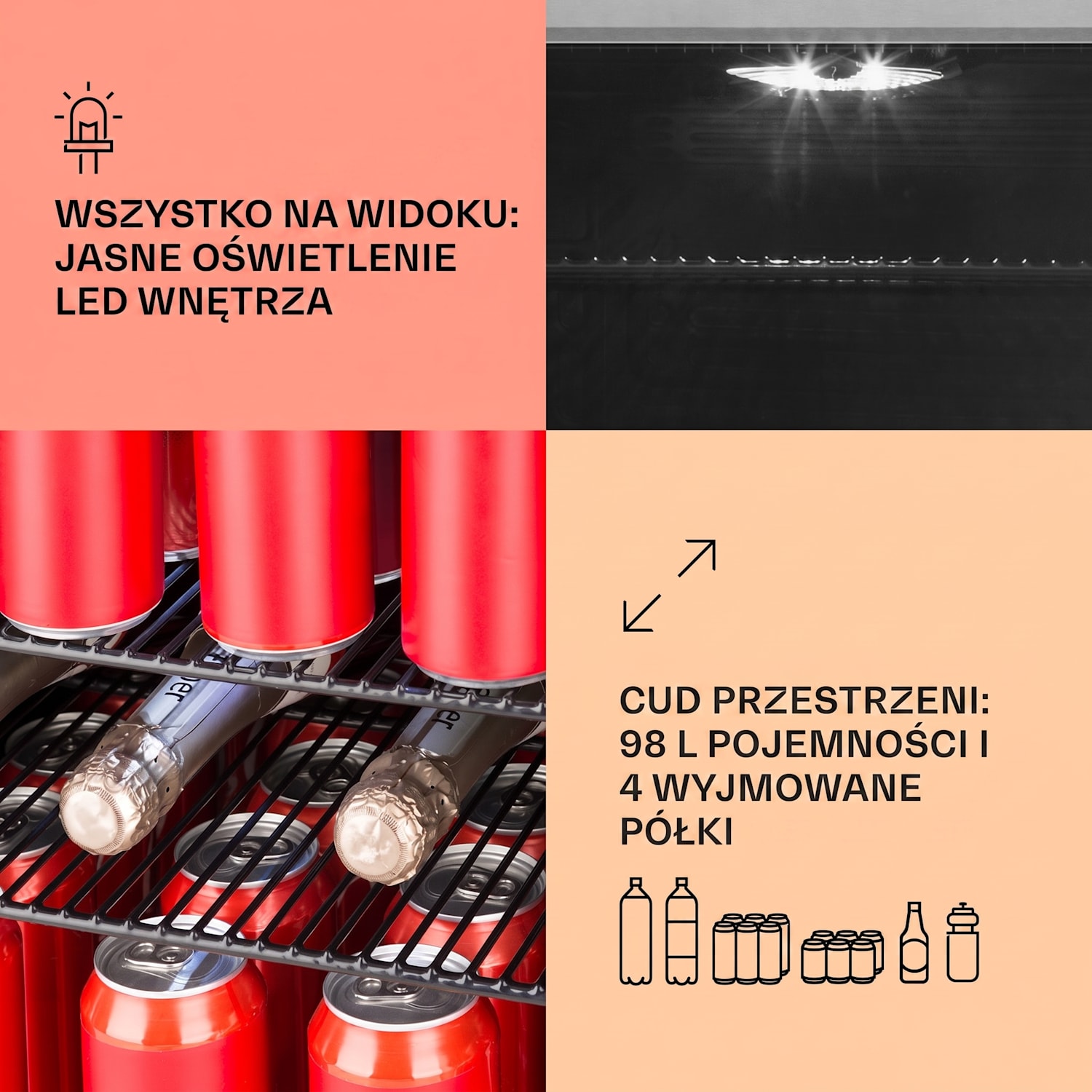 Beersafe 3XL, lodówka na napoje, 98 l, 4 półki zasuwane, 7 poziomów 98 Ltr | Czarny | Srebrny