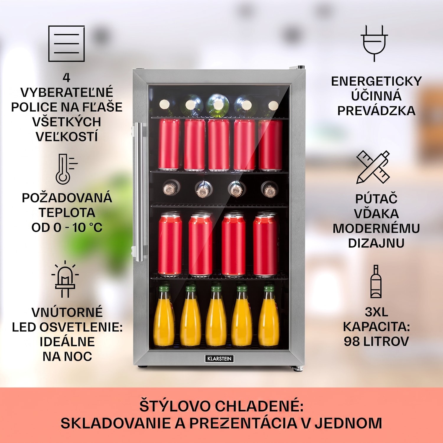 Beersafe 3XL, chladnička, 98 l, 4 zásuvné police, 7 úrovní, čierna 98 Ltr | Čierna | Strieborná