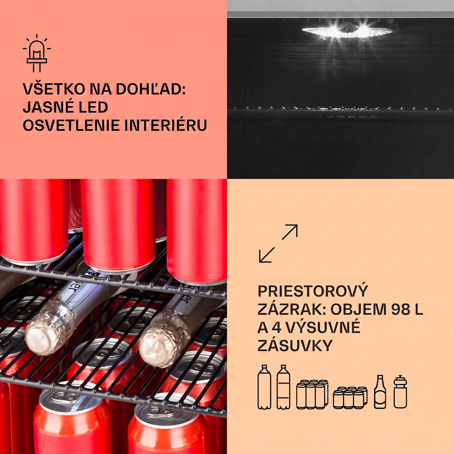 Beersafe 3XL, chladnička, 98 l, 4 zásuvné police, 7 úrovní, čierna 98 Ltr | Čierna | Strieborná