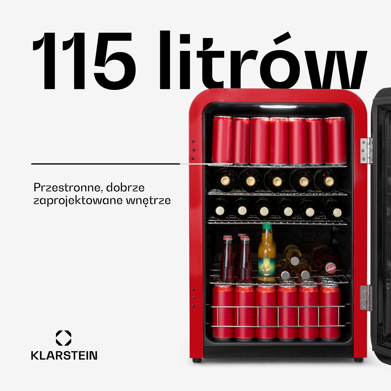 PopLife, lodówka na napoje, chłodziarka, 115 l, 0-10°C, styl retro 115 Ltr | Czerwony
