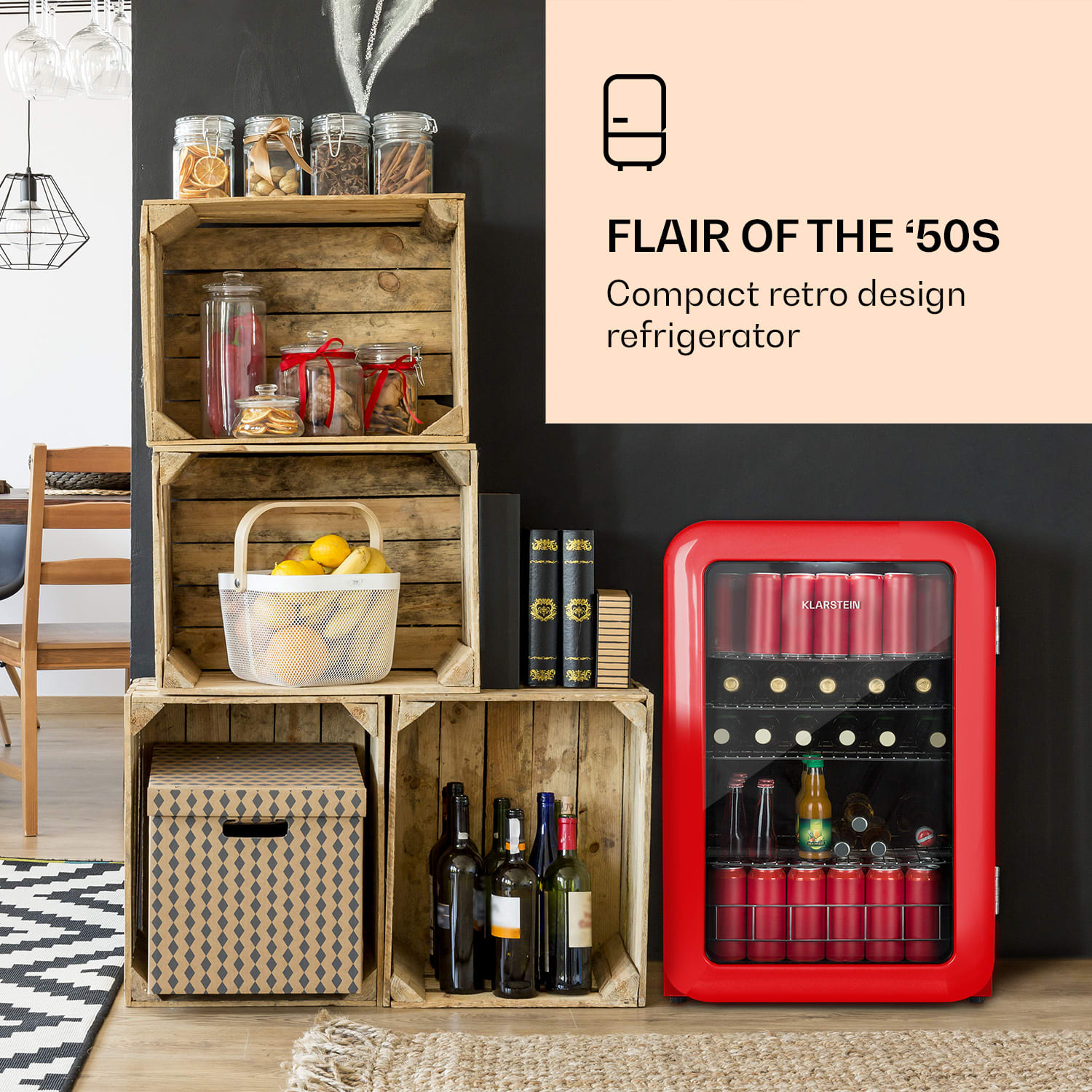 PopLife, frigider pentru băuturi, frigider, 115 litri, 0 - 10 °C, design retro, roșu 