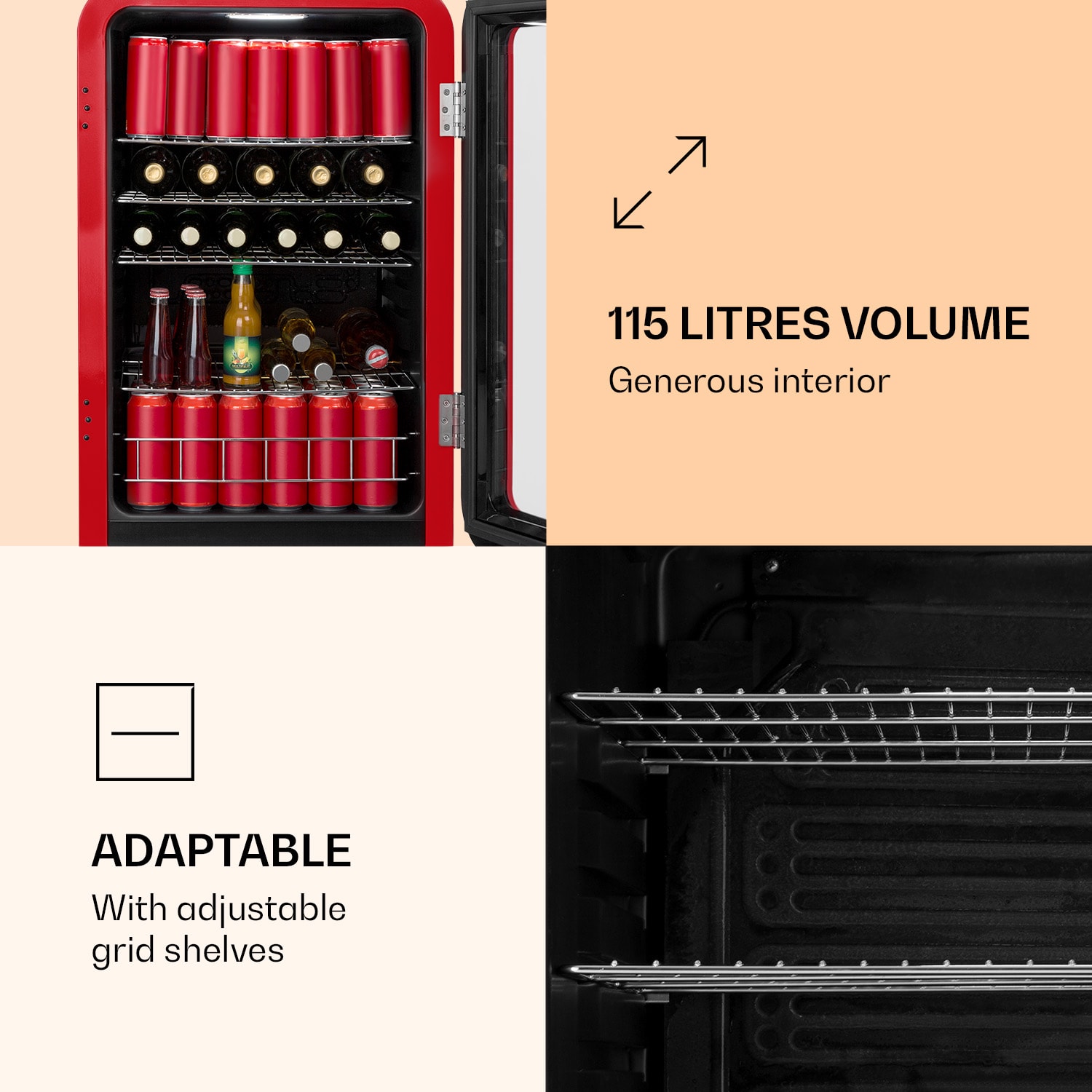 PopLife, frigider pentru băuturi, frigider, 115 litri, 0 - 10 °C, design retro, roșu 