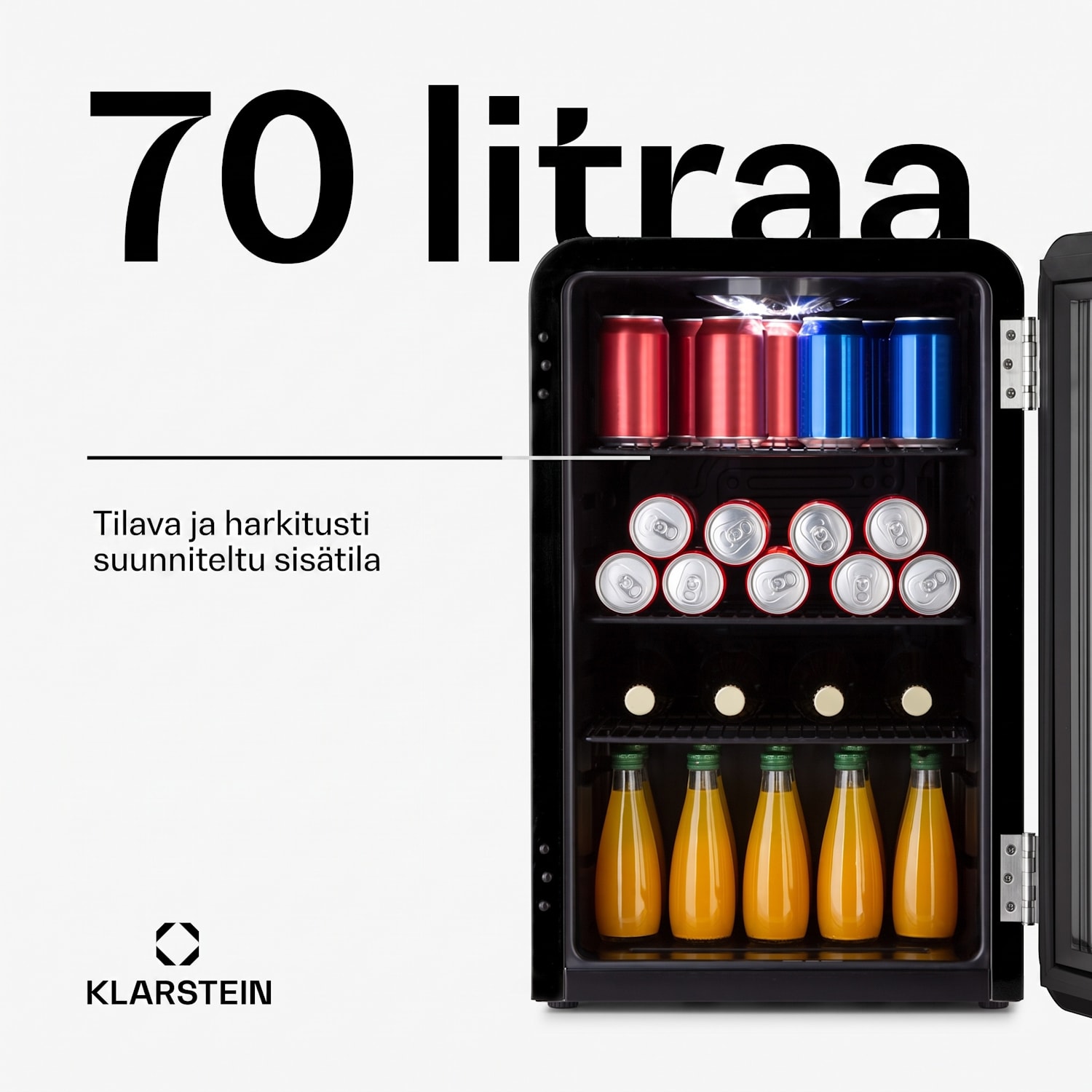 PopLife-juomajääkaappi jääkaappi 70 litraa 0–10 °C retromuotoilu  LED 70 l | Musta