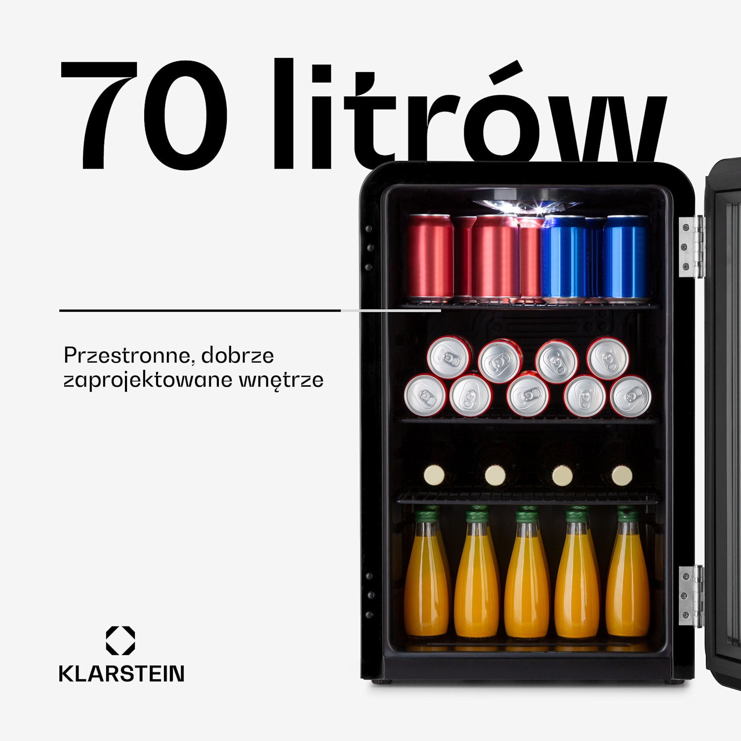 PopLife 70, lodówka na napoje, chłodziarka, 70 l, 0-10°C, styl retro, LED 70 Ltr | Czarny