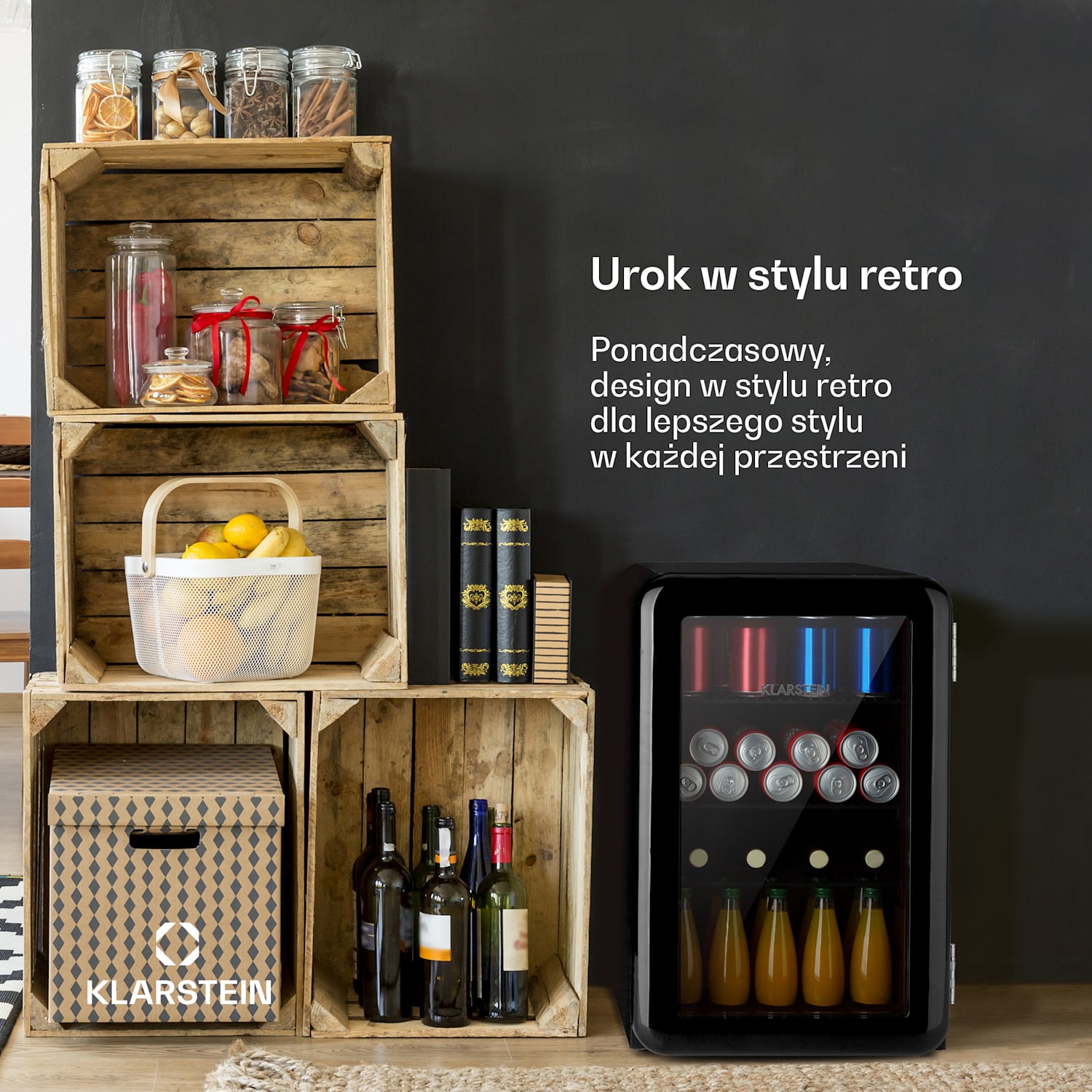 PopLife 70, lodówka na napoje, chłodziarka, 70 l, 0-10°C, styl retro, LED 70 Ltr | Czarny