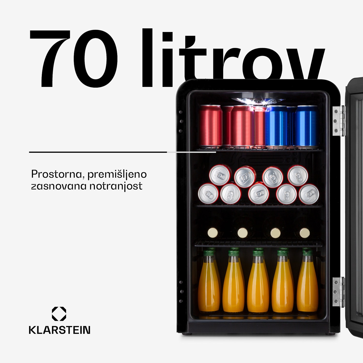PopLife 70L, hladilnik za pijače, hladilnik, 70 litrov, 0 - 10 ° C, retro dizajn 70 Ltr | Črna