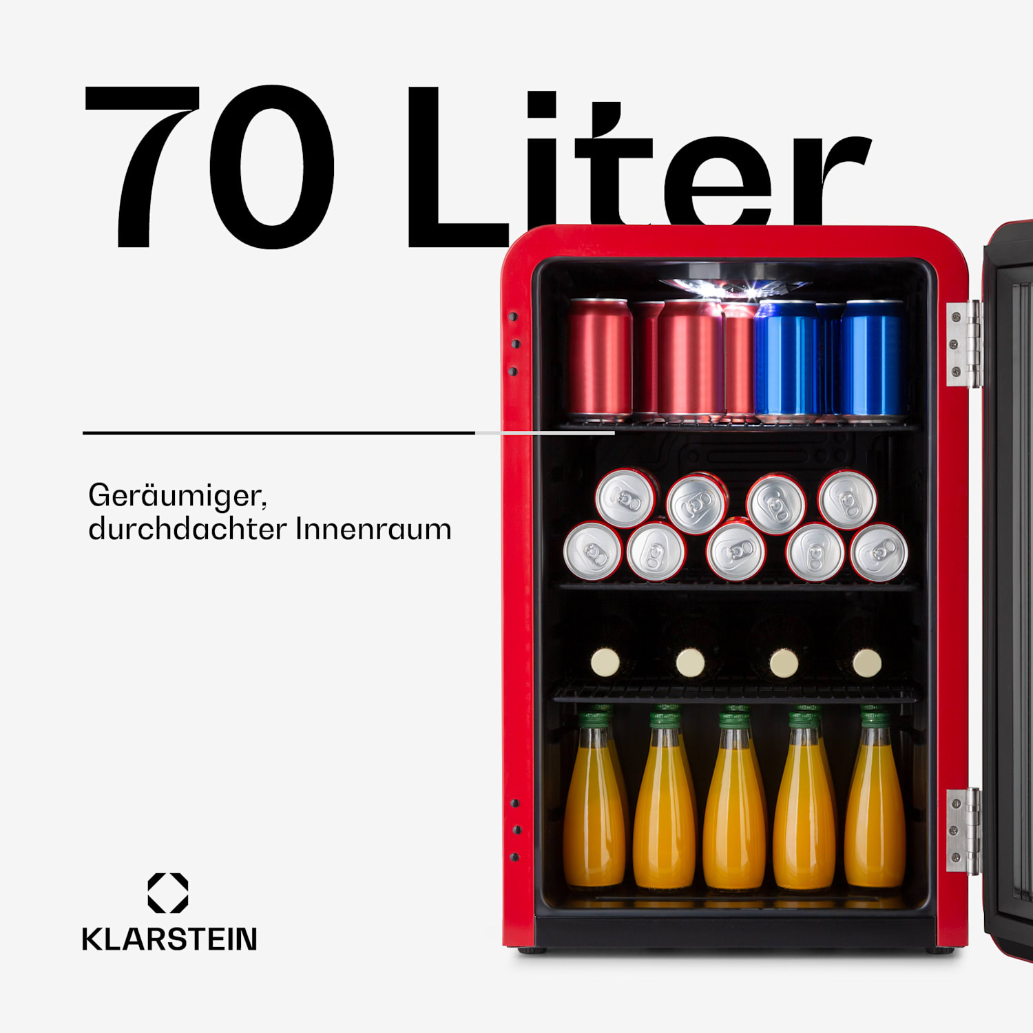 PopLife Getränkekühler Kühlschrank 70 Liter 0-10 °C Retro-Design  LED 70 Ltr | Rot