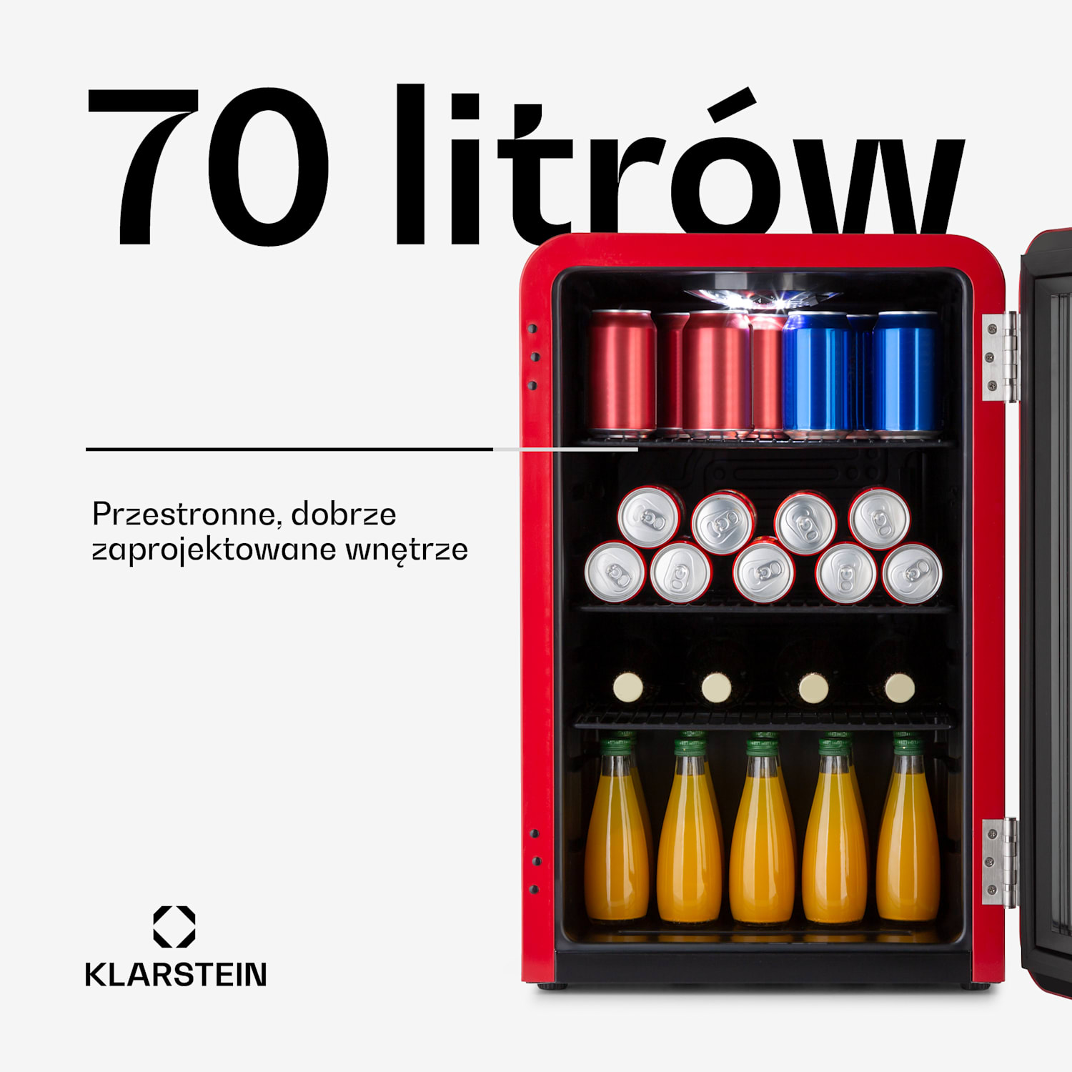 PopLife 70, lodówka na napoje, chłodziarka, 70 l, 0-10°C, styl retro, LED 70 L | Czerwony