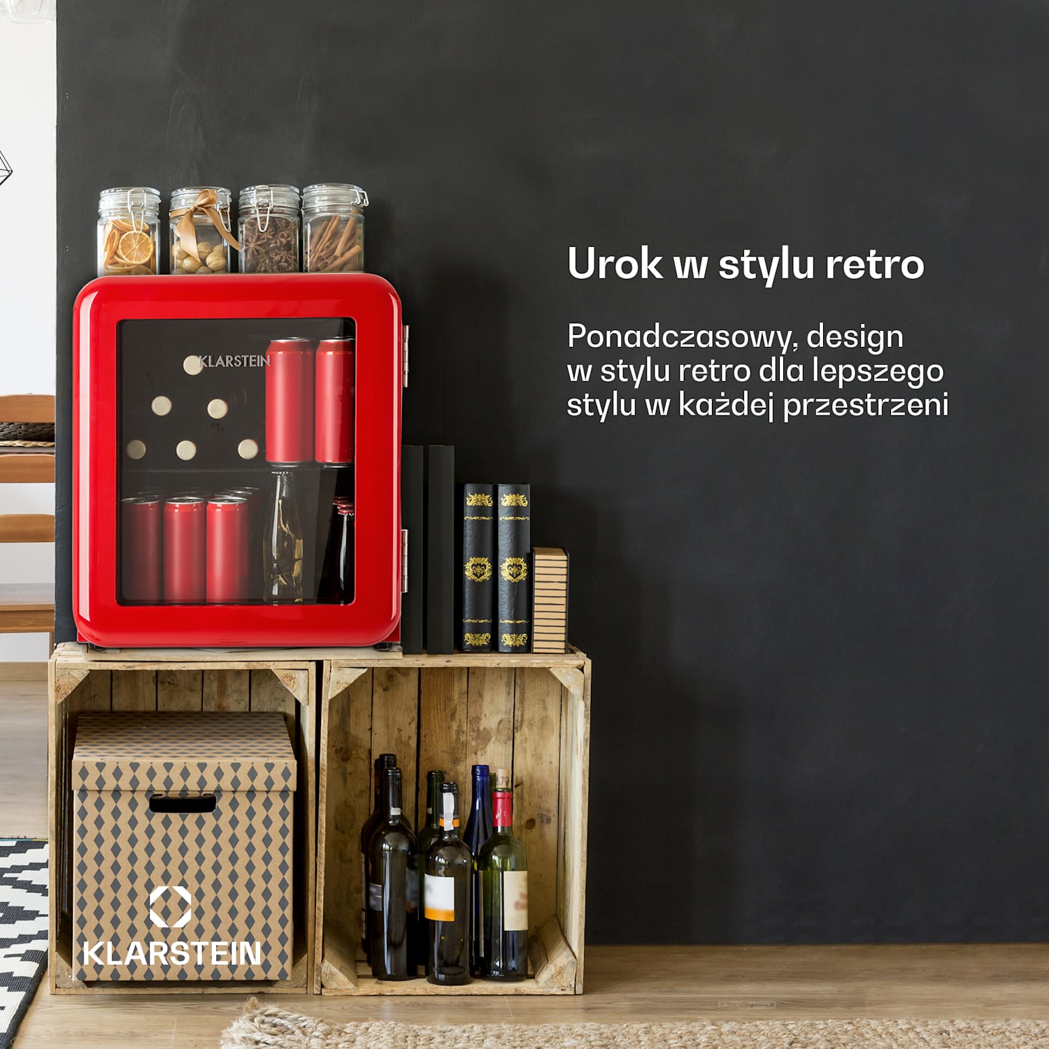 PopLife, lodówka na napoje, chłodziarka, 48 l, 0-10°C, styl retro 48 L | Czerwony