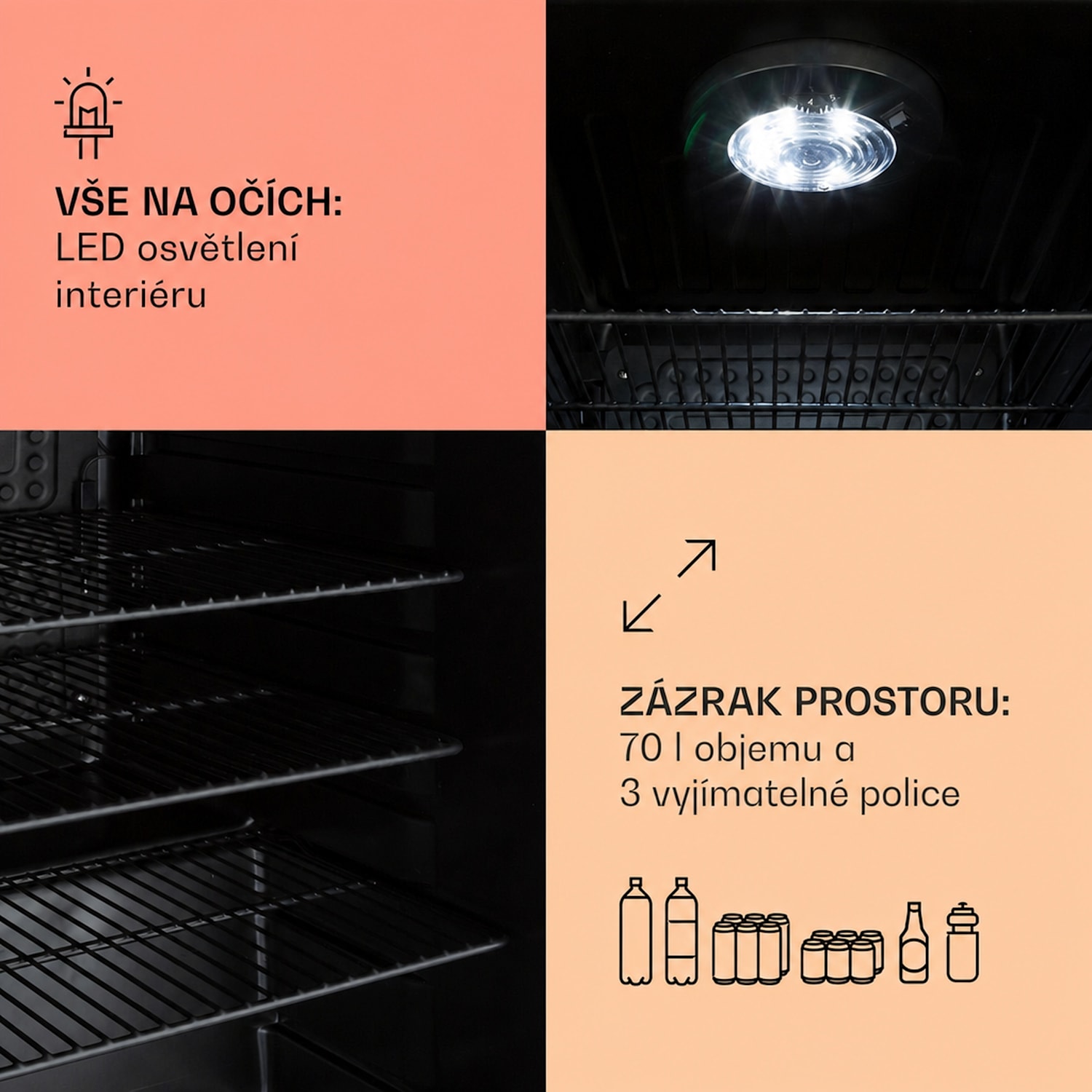 PopLife 70, lednice na nápoje, 70 l, 0-10°C, retro design, LED 