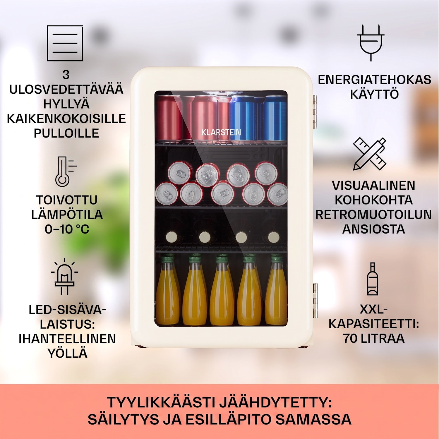 PopLife 70 juomajääkaappi jääkaappi 70 litraa 0–10 °C retromuotoilu LED 