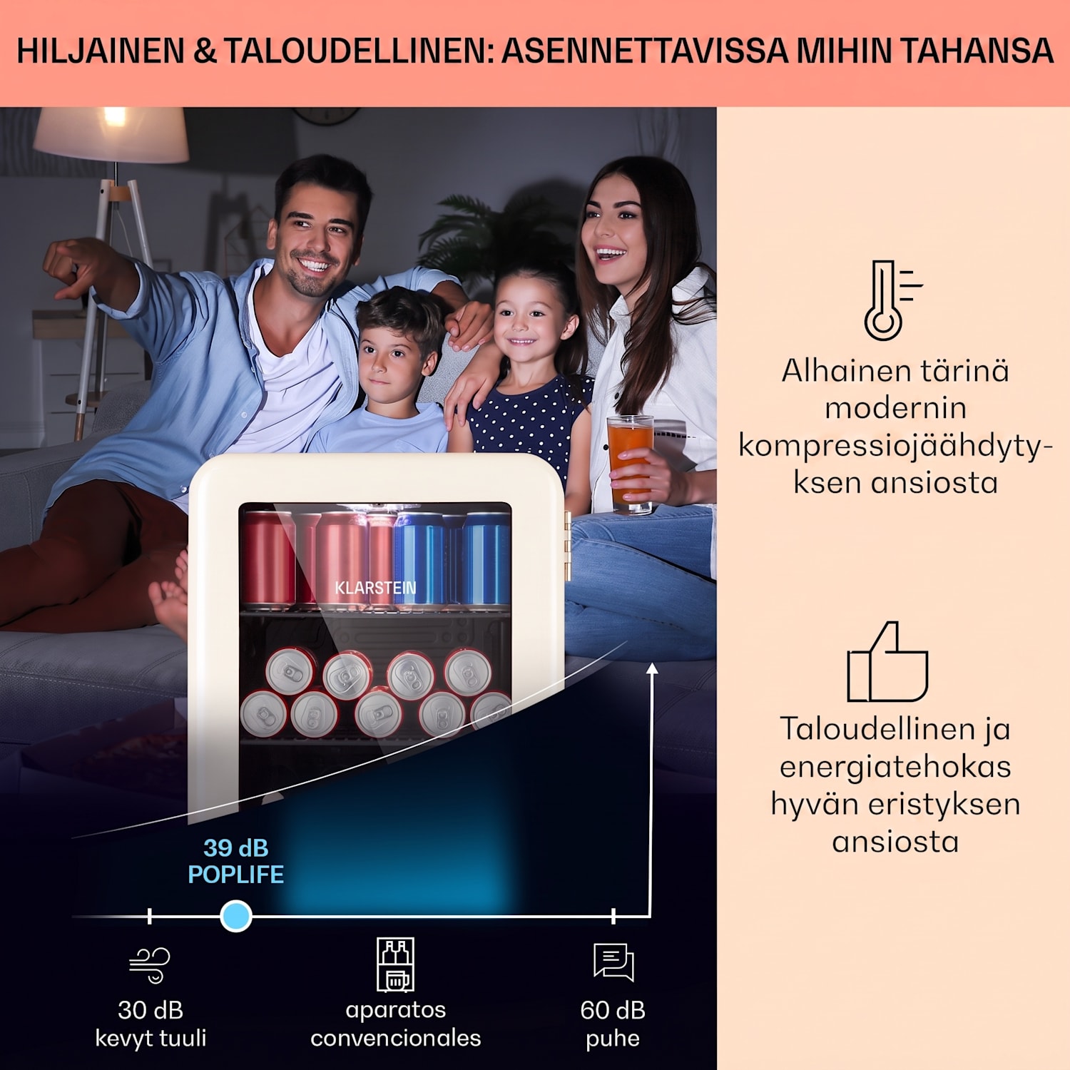 PopLife 70 juomajääkaappi jääkaappi 70 litraa 0–10 °C retromuotoilu LED 