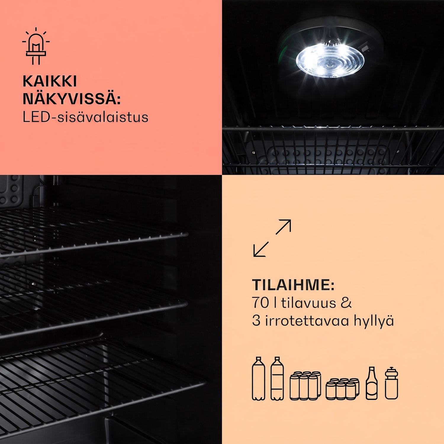 PopLife 70 juomajääkaappi jääkaappi 70 litraa 0–10 °C retromuotoilu LED 