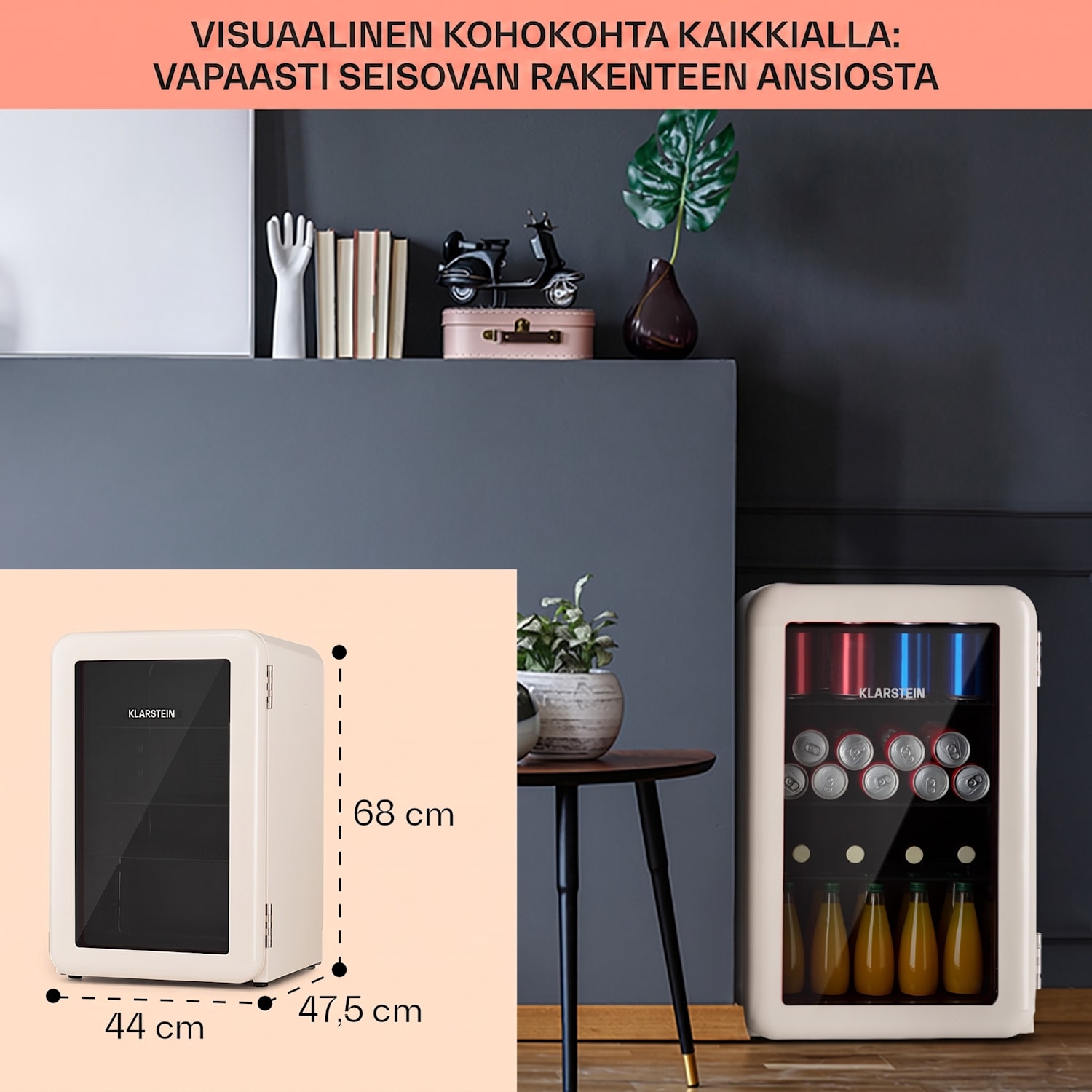 PopLife 70 juomajääkaappi jääkaappi 70 litraa 0–10 °C retromuotoilu LED 