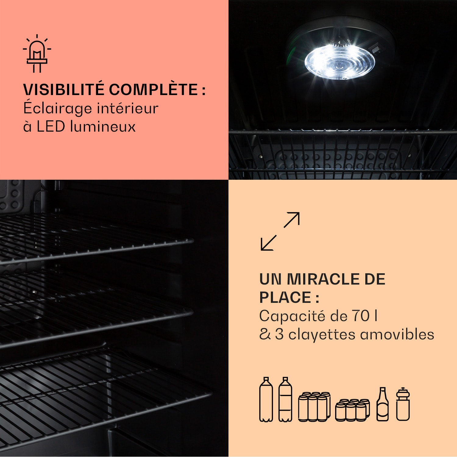 PopLife 70 drankkoelkast koelkast 70 liter 0-10°C retro-design led