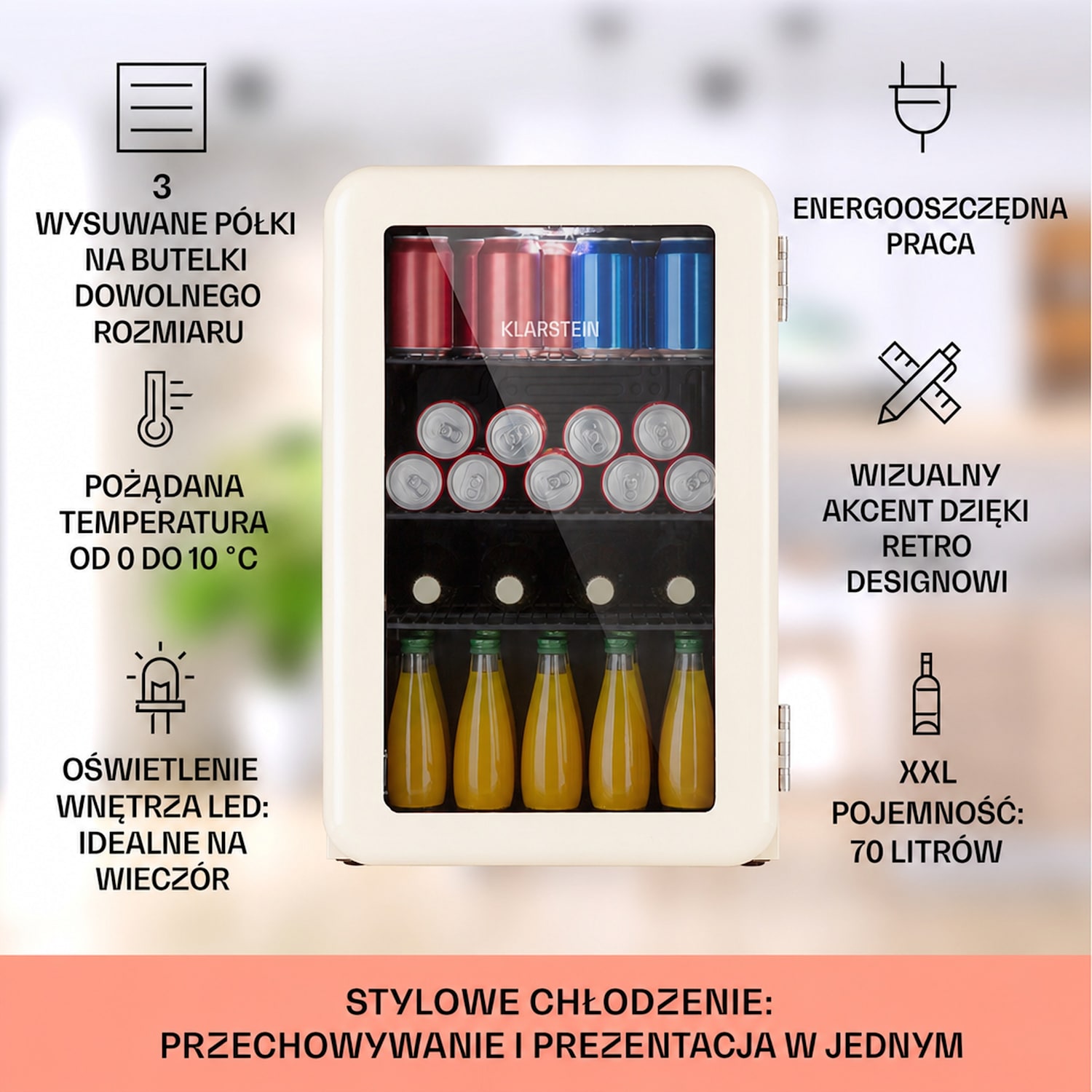 PopLife 70, lodówka na napoje, chłodziarka, 70 l, 0-10°C, styl retro, LED 