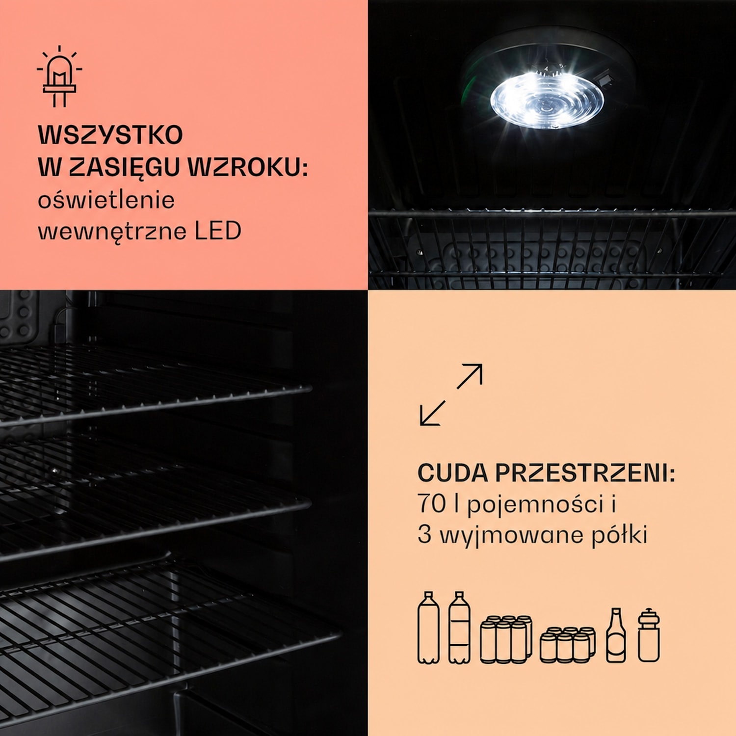 PopLife 70, lodówka na napoje, chłodziarka, 70 l, 0-10°C, styl retro, LED 