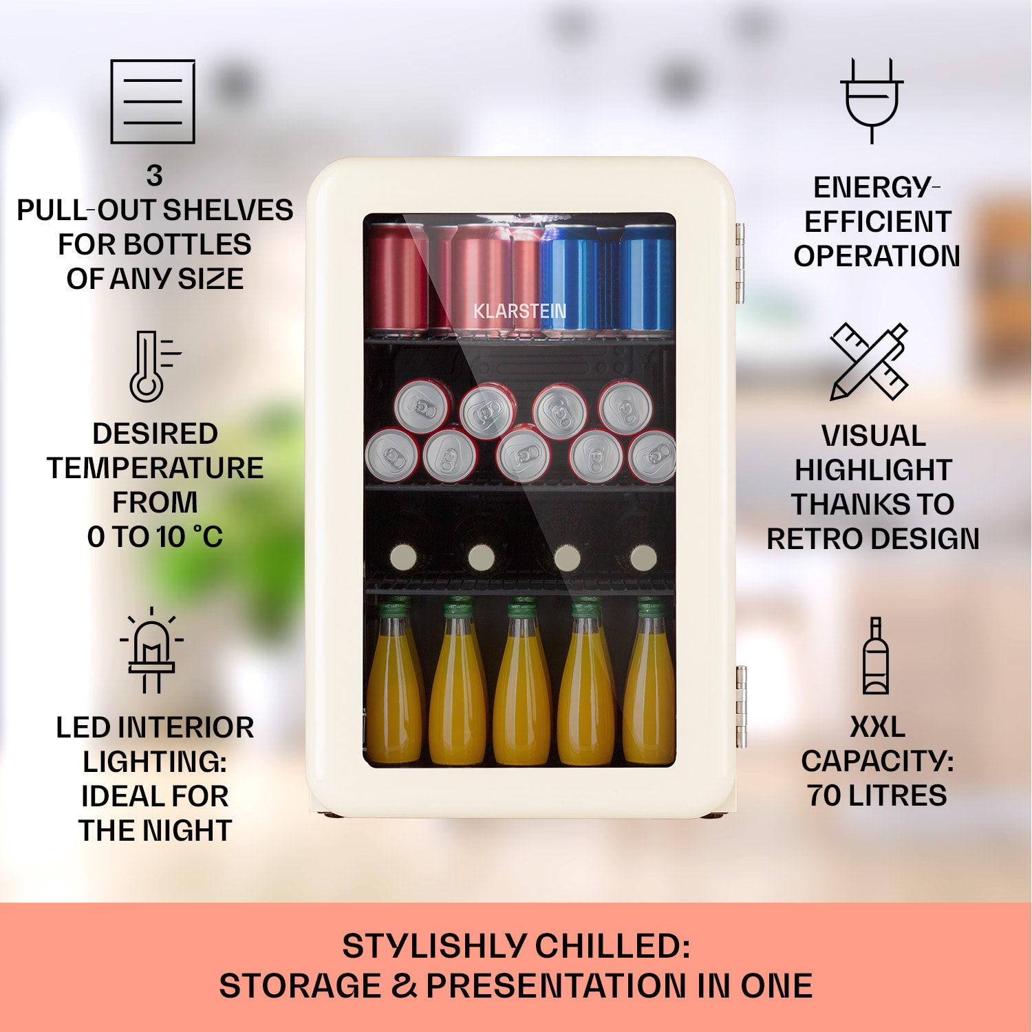 PopLife 70, italhűtőszekrény, 0 - 10 °C, retro kivitel, LED