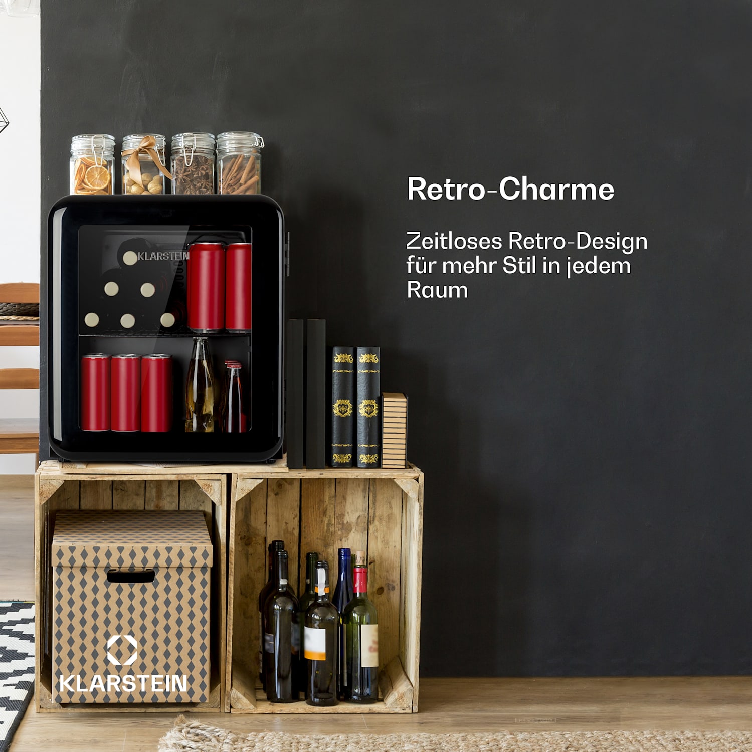 PopLife Getränkekühler Kühlschrank 0-10°C Retro-Design 48 Ltr | Schwarz