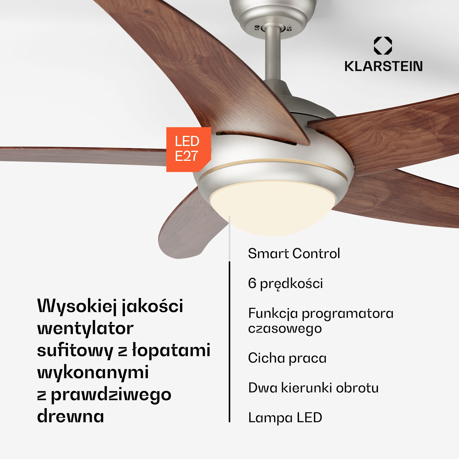 Bolero 2 w 1 Smart, wentylator sufitowy, Ø 132 cm, lampa 55 W, pilot zdalnego sterowania, sterowanie za pomocą aplikacji, 2 kierunki obrotów 132 cm (pomieszczenia 13–25 m²) | WIFI + Pilot zdalnego sterowania | Orzech Włoski