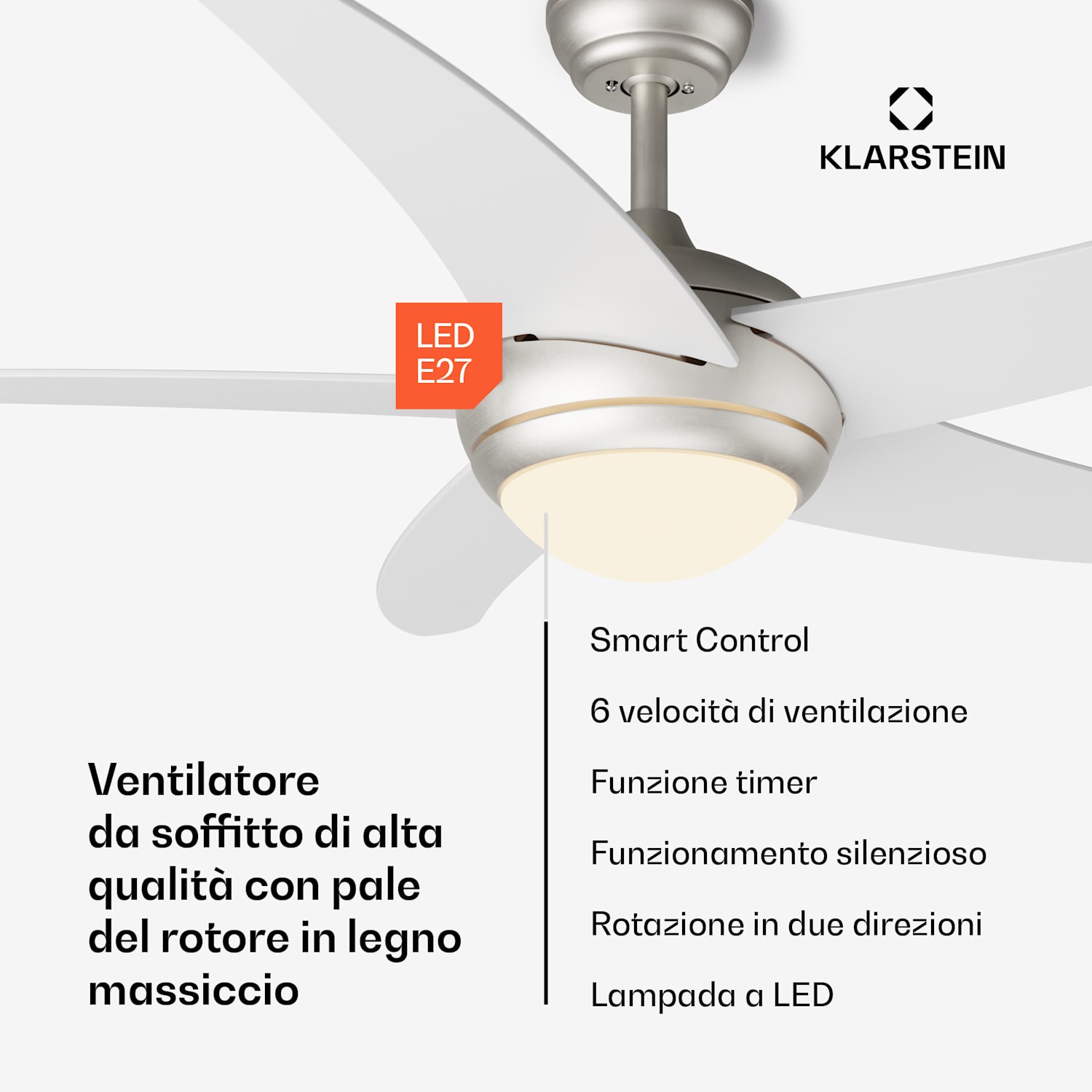 Bolero - Ventilatore a soffitto 2 in 1, 132 cm, lampada da 55W, telecomando, controllo con app, 2 sensi di rotazione 