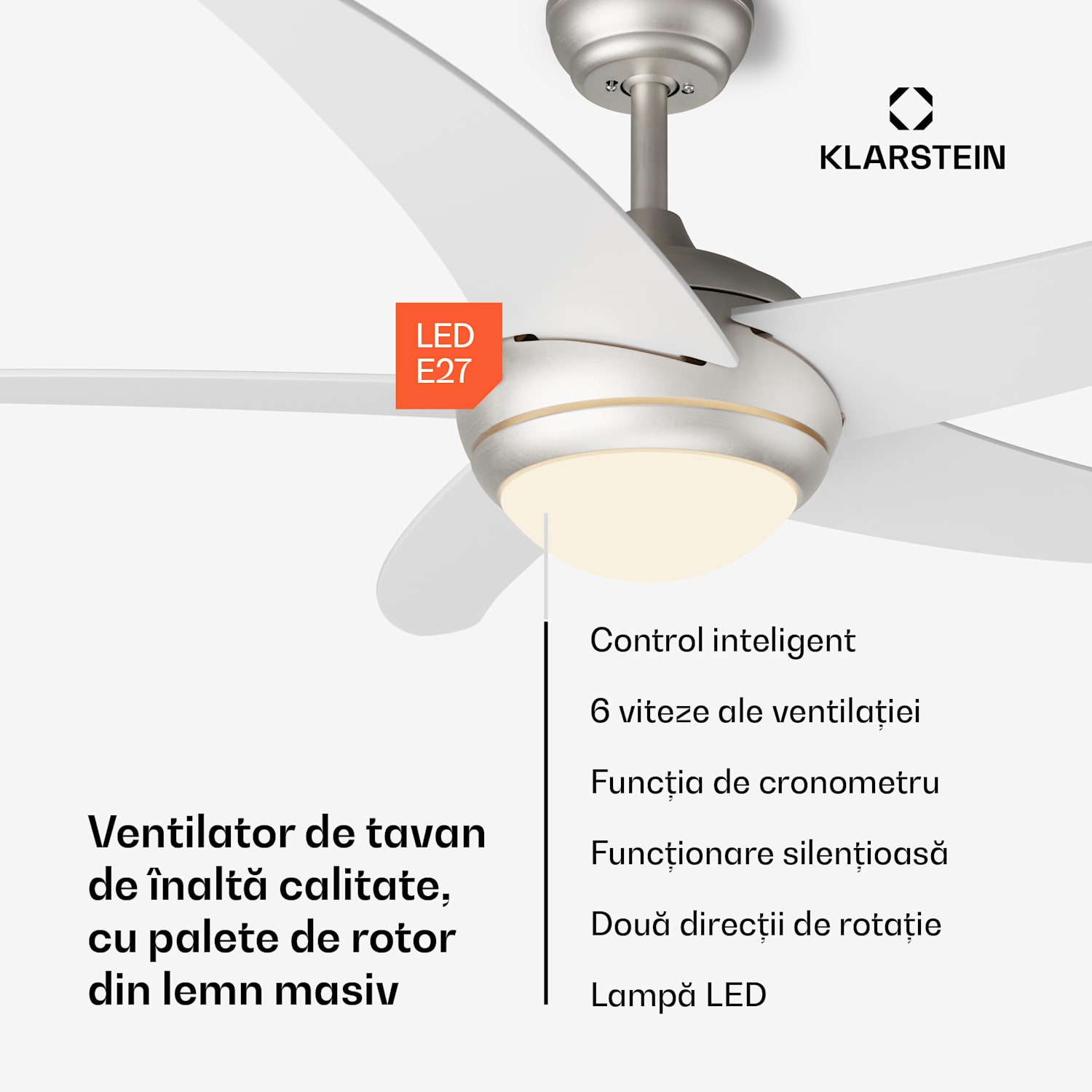 Bolero 2 în 1, ventilator de tavan, Ø 132 cm, lumină 55 W, telecomandă, control prin aplicație, funcționare în două direcții 132 cm (camere 13–25 m²) | WIFI + telecomandă | Alb
