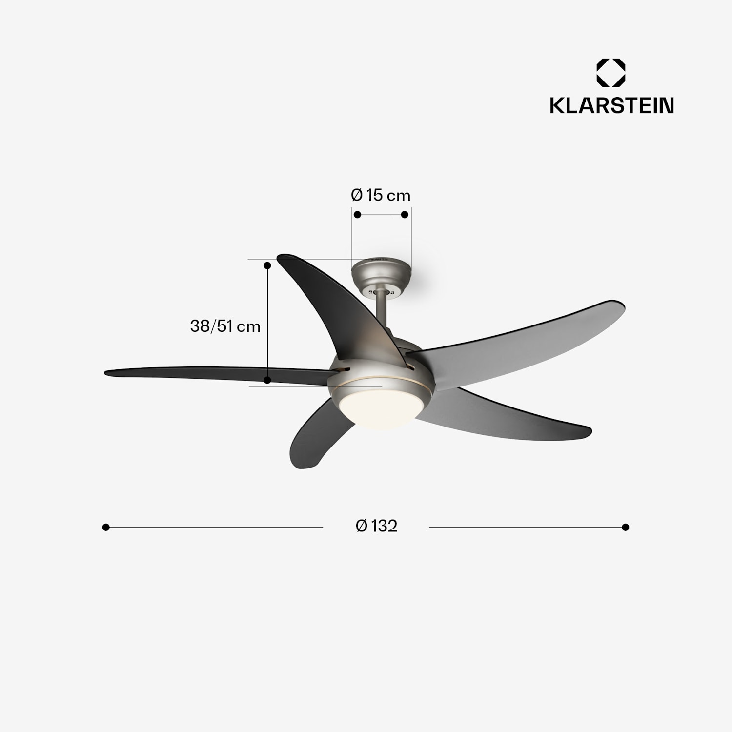 Bolero 2 u 1 Smart, stropni ventilator, Ø 132 cm, svjetlo 55 W, daljinski upravljač, upravljanje putem aplikacije, 2 smjera strujanja zraka 132 cm (sobe 13–25 m²) | WIFI + daljinski upravljač | Crna