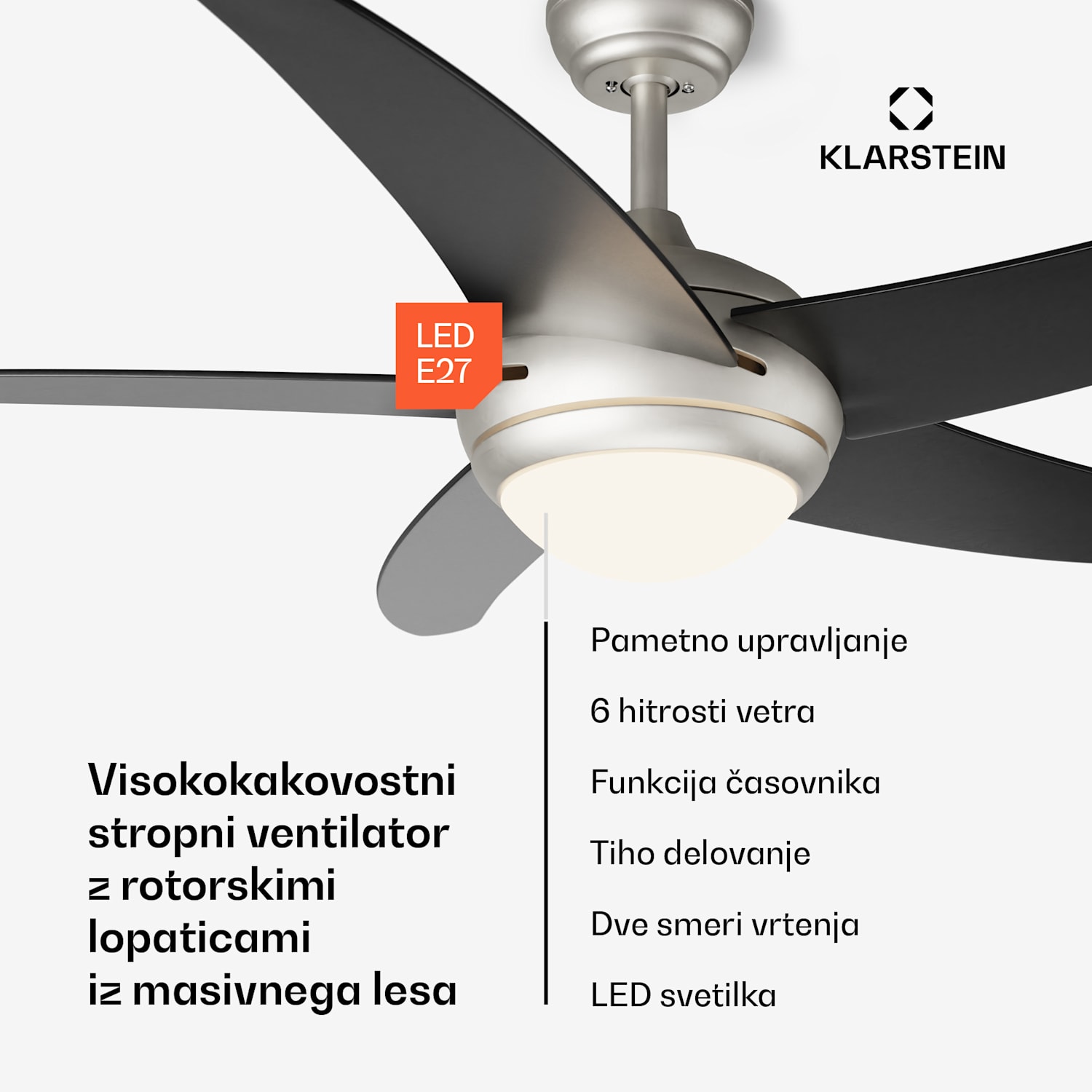 Bolero 2 v 1 Smart, stropni ventilator, Ø 132 cm, svetloba 55 W, daljinski upravljalnik, upravljanje prek aplikacije, dvosmerno delovanje 132 cm (sobe 13–25 m²) | WIFI + daljinski upravljalnik | Črna