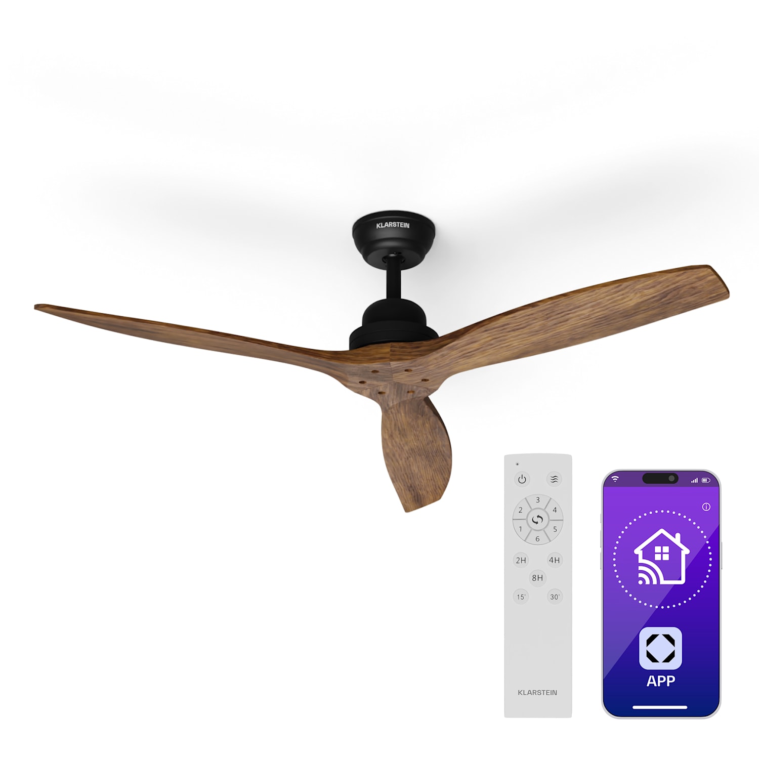 Stropni ventilator Santa Elena Smart 52", Ø 132 cm, 10260 m³/h, lopatice od pravog drveta, 6 brzina, daljinski upravljač 132 cm (sobe 13–25 m²) | WIFI + daljinski upravljač | Orah