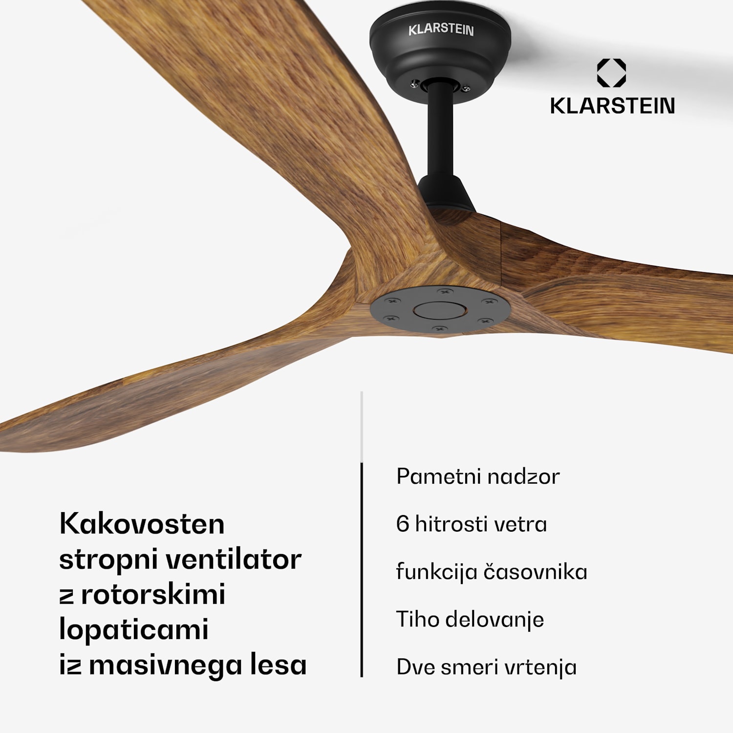 Pametni stropni ventilator Bahama Breeze, rotorske lopatice iz masivnega lesa, daljinski upravljalnik + upravljanje z aplikacijo 178 cm (sobe 30-35 m²) | WIFI + daljinski upravljalnik | Oreh