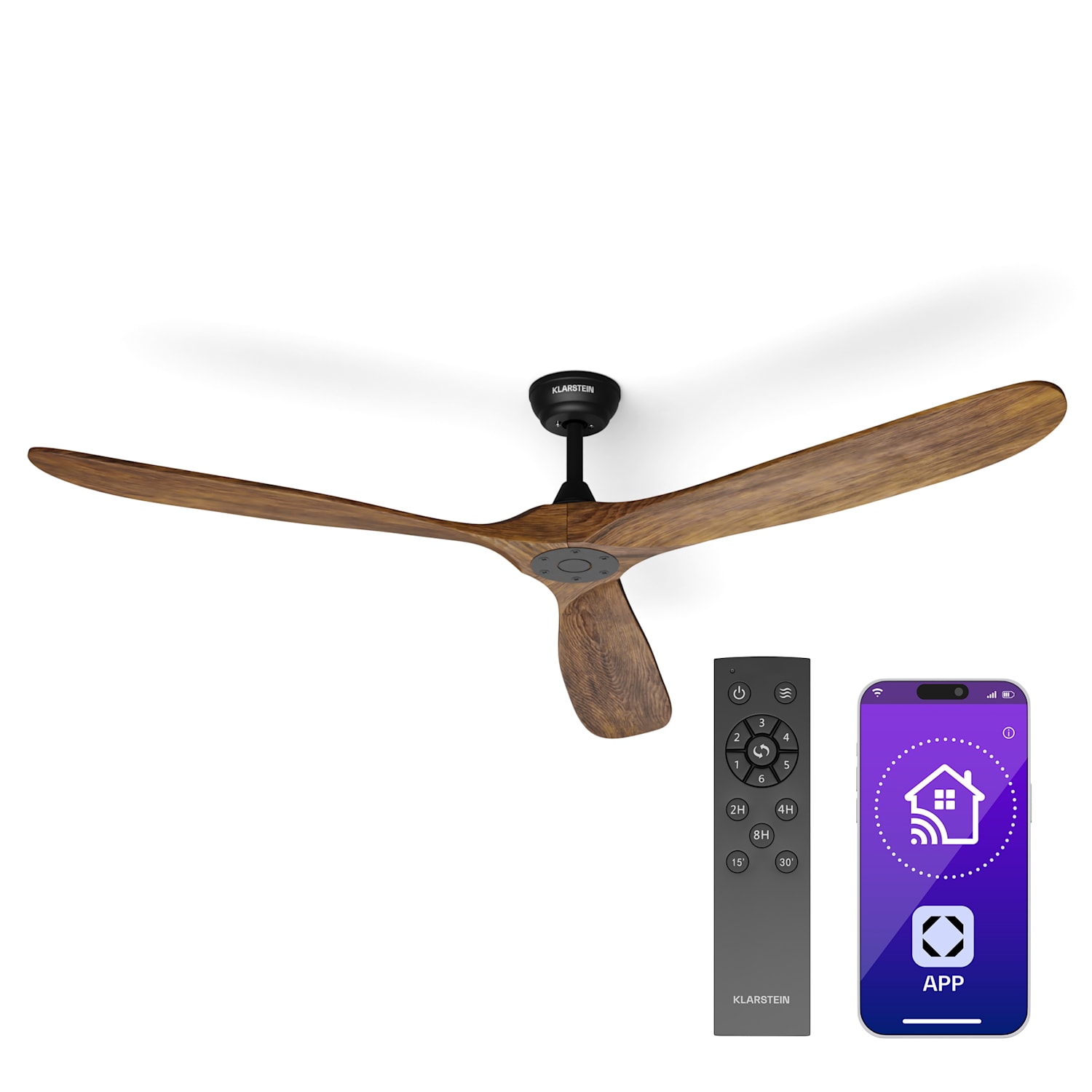 Bahama Breeze Smart ventilador de techo | Aspas de madera maciza | Mando a distancia + control por app 178 cm (habitaciones de 30-35 m²) | WIFI + Control remoto | Nuez