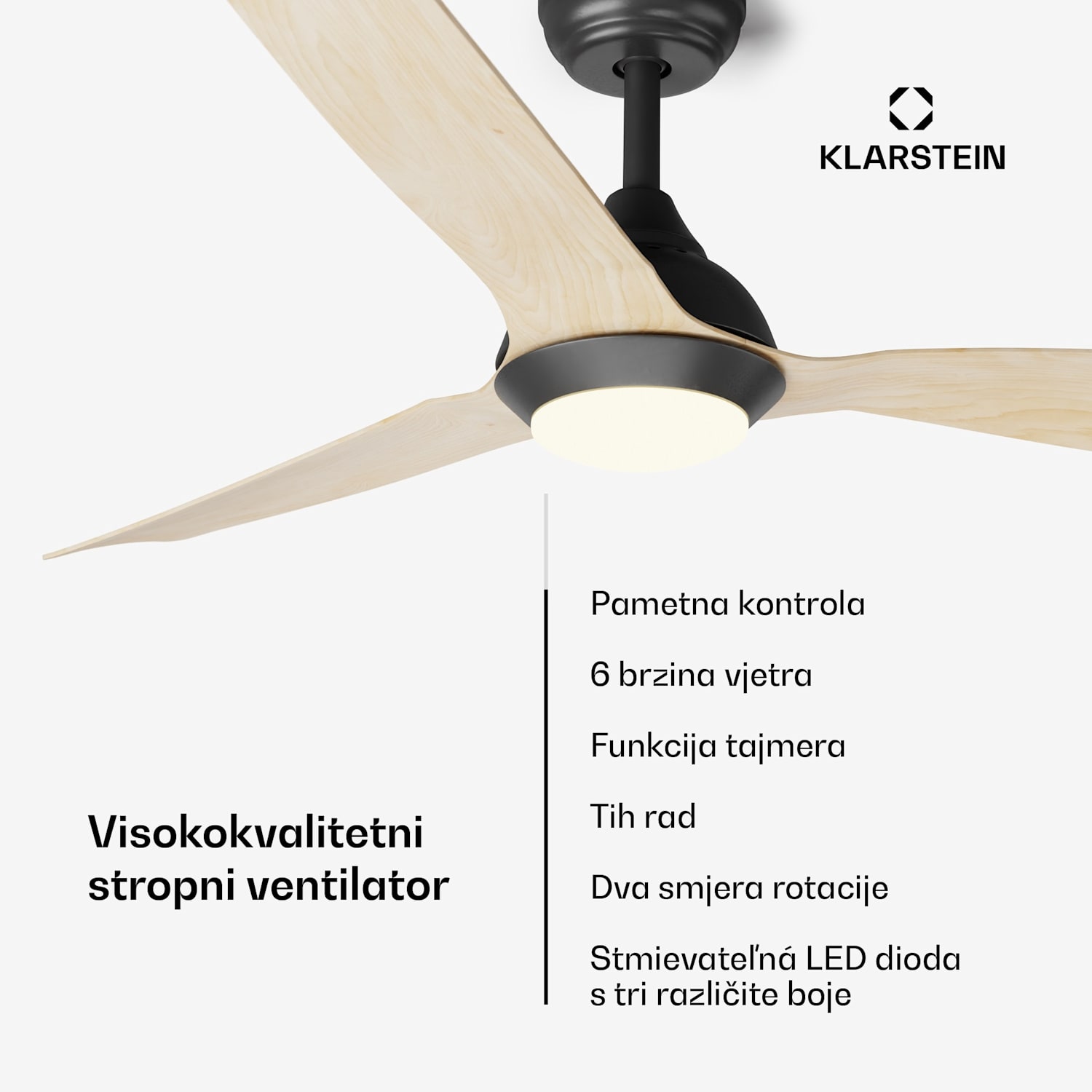 Fiji Flow 2 u 1 Smart, stropni ventilator, Ø 132 cm, LED svjetlo, daljinski upravljač, upravljanje putem aplikacije, 2 smjera rada 132 cm (sobe 13–25 m²) | WIFI + daljinski upravljač | Javor
