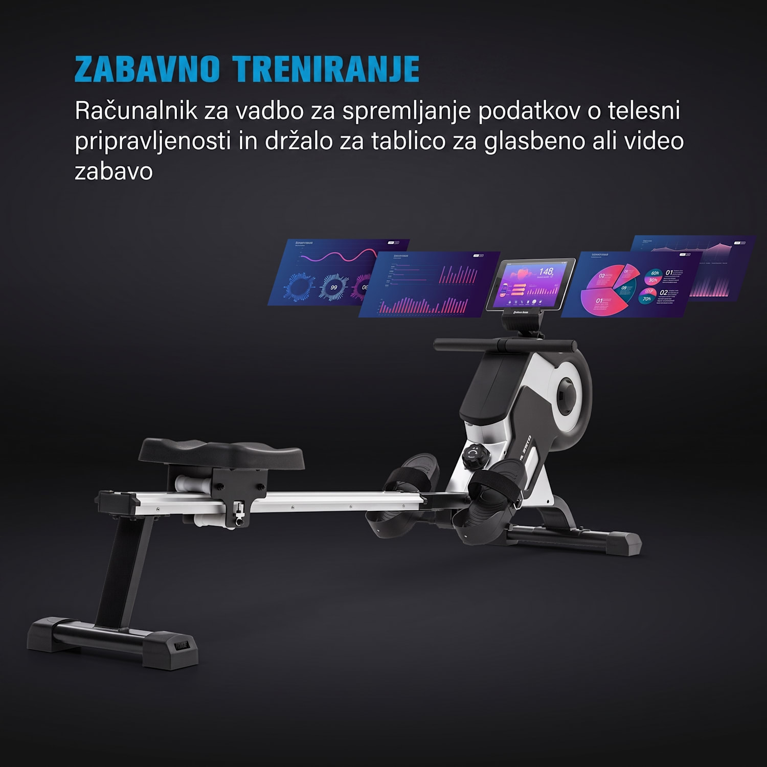 Stream M1, magnetni veslaški stroj, 105 cm, LC zaslon, 8 stopenj, aluminij 