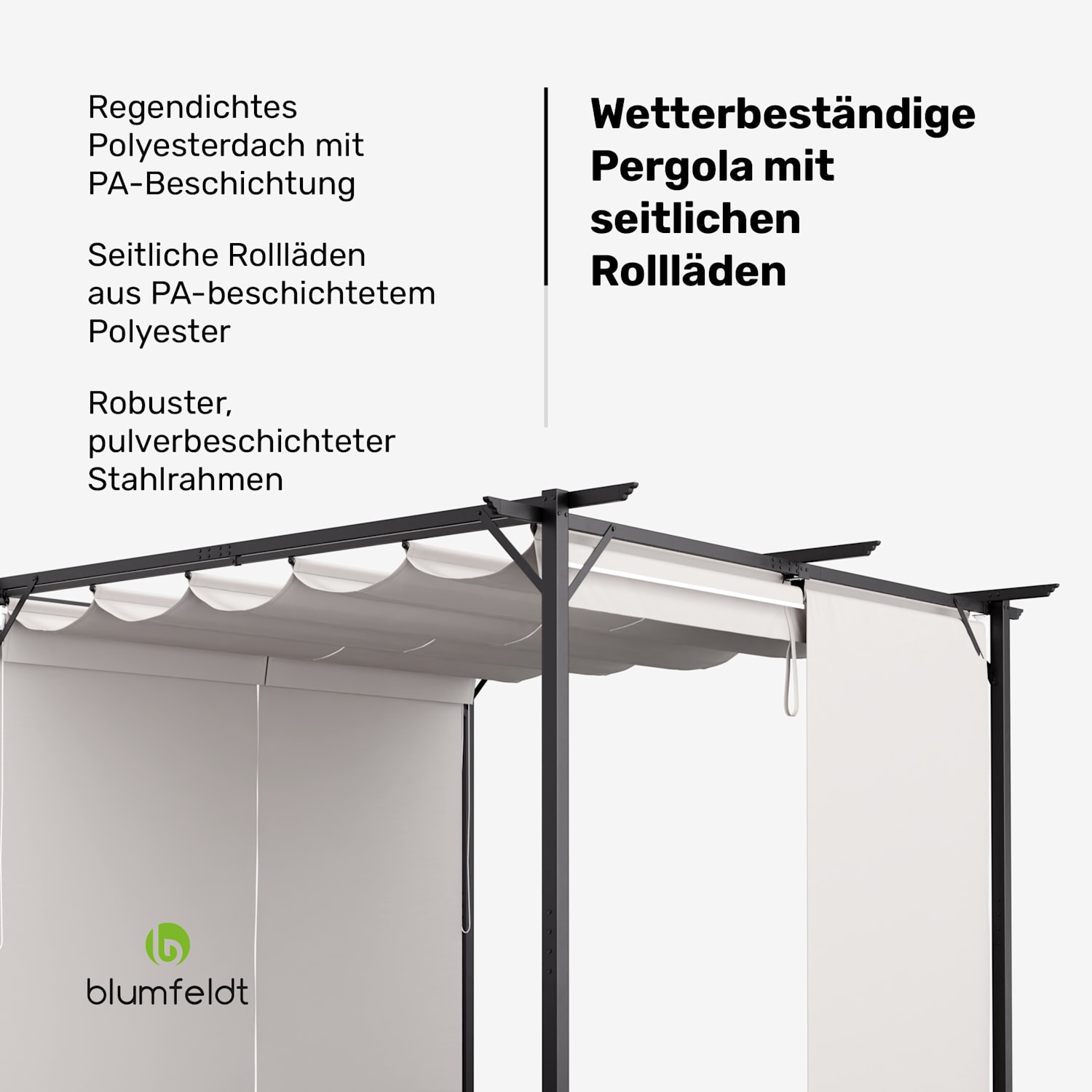 Blumfeldt Pantheon Robust Pergola 3x3m wetterbeständig Stahl pulverbeschichtet seitliche Rollläden 3 x 3 m | mit Seitenwänden | Beige