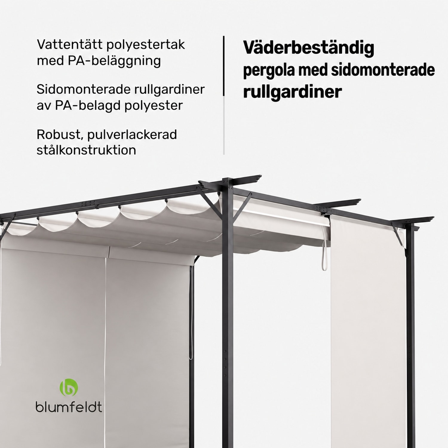 Blumfeldt Pantheon Robust Pergola 3x3 m, väderbeständig, pulverlackerat stål, rulljalusier på sidorna 3 x 3 m | Med sidoväggar | Beige