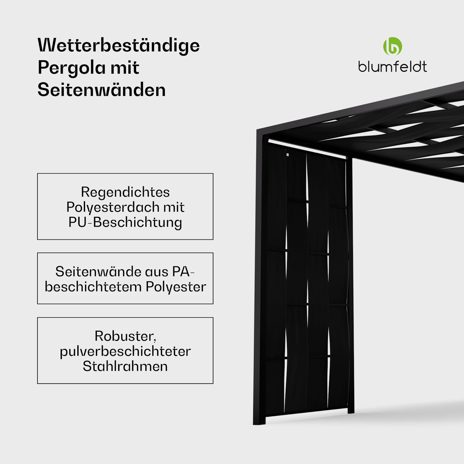 Blumfeldt Shade Cove Stoff-Pergola 3x3m Seitenwände pulverbeschichtet wetterfest modern | Schwarz