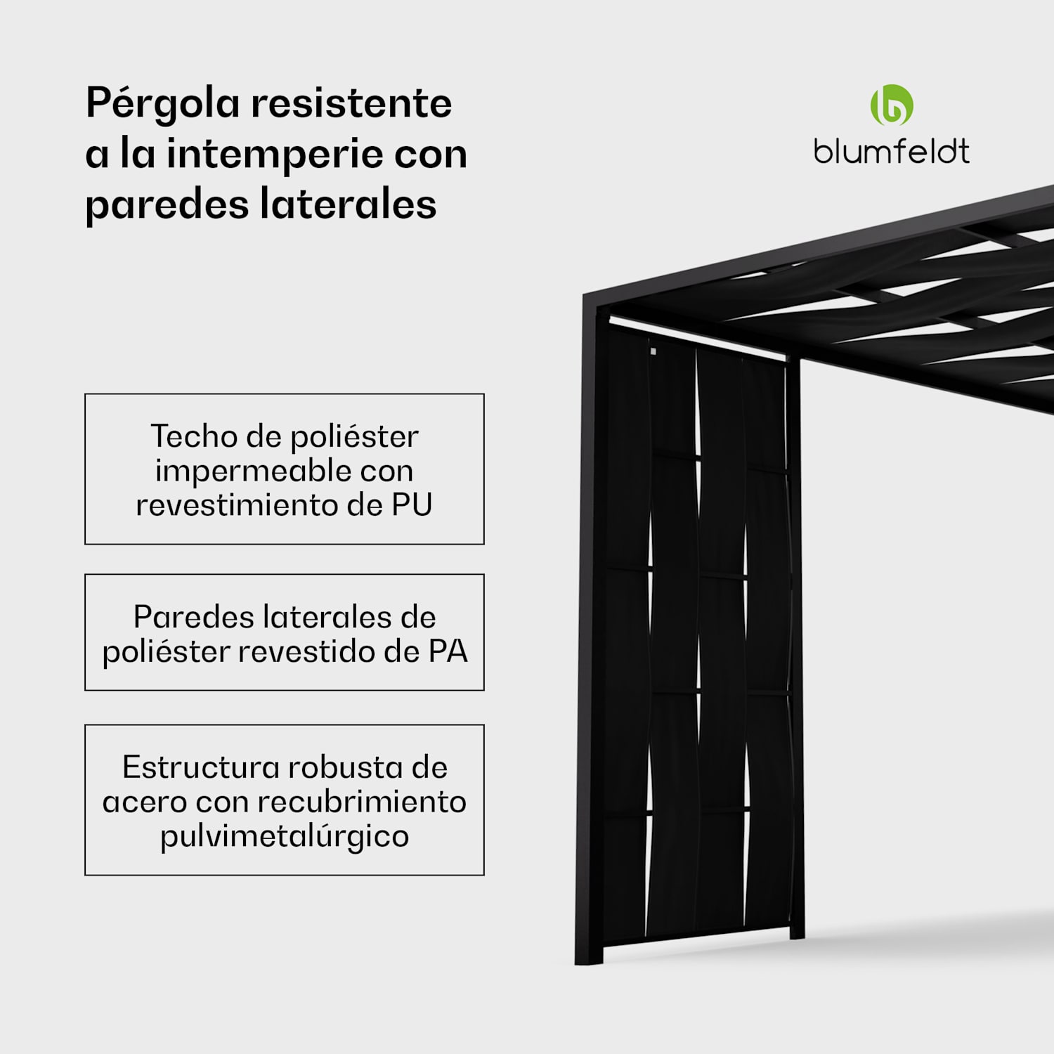 Pérgola de tela Blumfeldt Shade Cove 3x3m paredes laterales con recubrimiento de polvo resistente a la intemperie modern | Negro