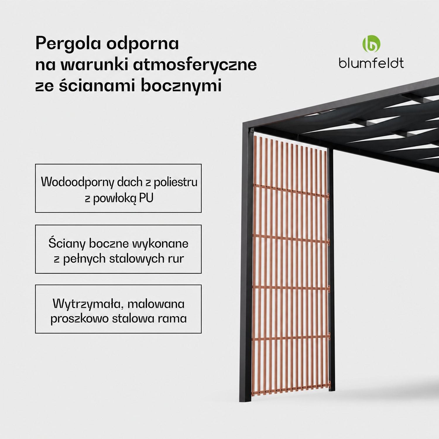 Blumfeldt Shade Cove Vert, pergola, 3 x 3 m, ochrona prywatności, powłoka proszkowa, odporna na warunki atmosferyczne Vert | Czarny