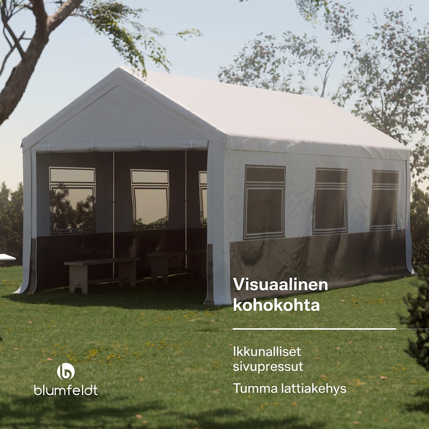 Party Haven teltta 598 x 296 x 280 cm säänkestävä kangas teräsrunko helppo koota sivuseinät 3 x 6 m