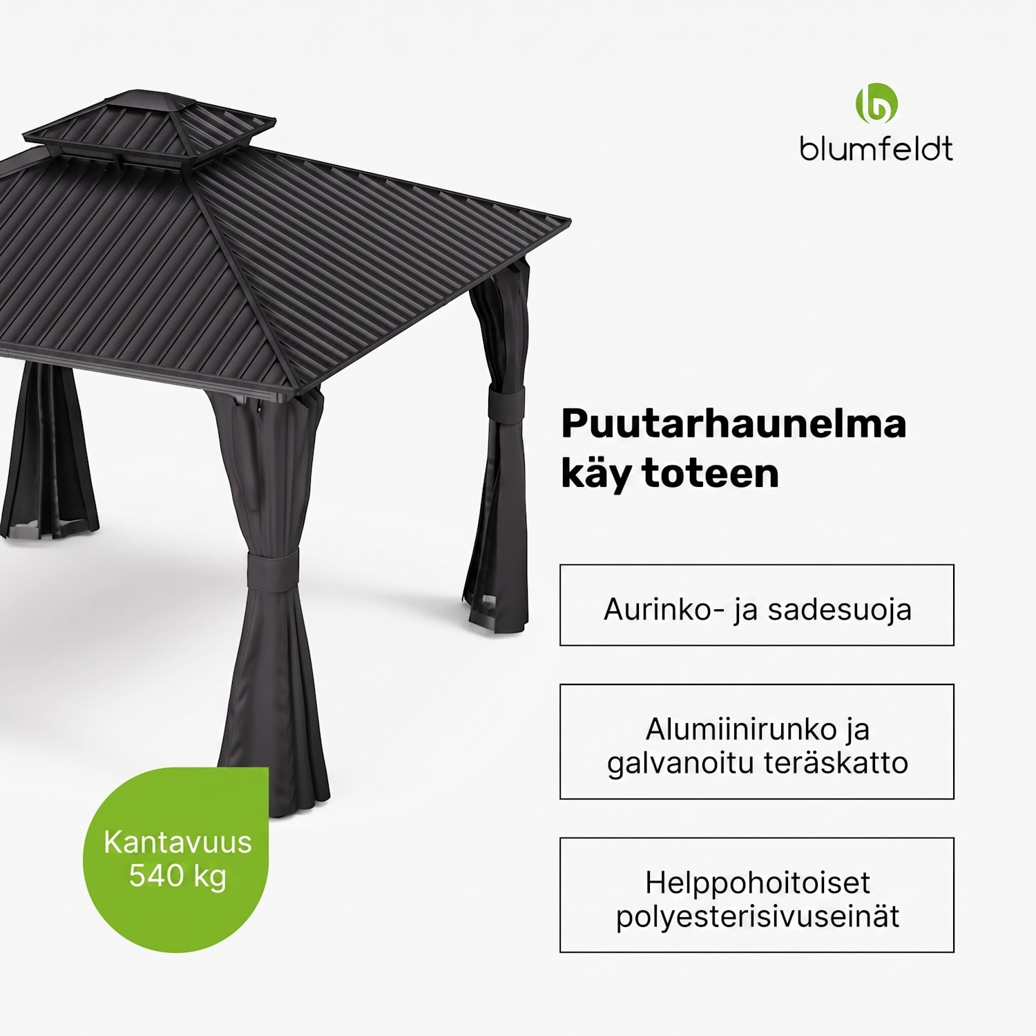 ShadeFortress huvimaja 3 x 3 m sinkitty teräskatto suojaa auringolta, sateelta ja tuulelta 3 x 3 m