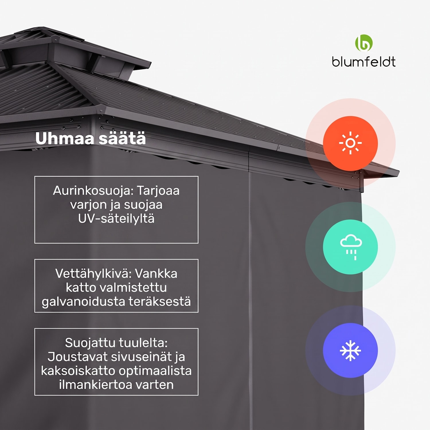 ShadeFortress huvimaja 3 x 3 m sinkitty teräskatto suojaa auringolta, sateelta ja tuulelta 3 x 3 m