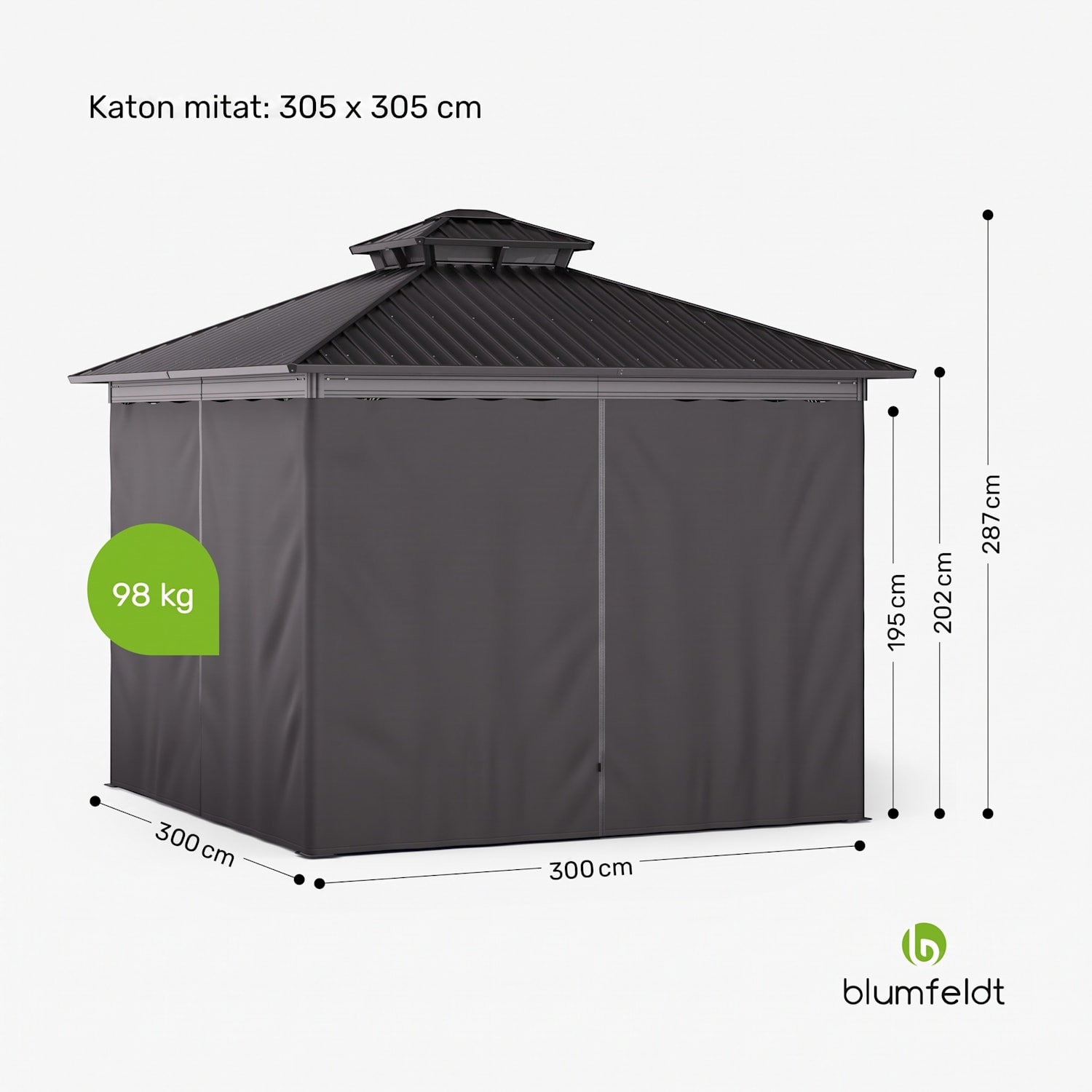 ShadeFortress huvimaja 3 x 3 m sinkitty teräskatto suojaa auringolta, sateelta ja tuulelta 3 x 3 m