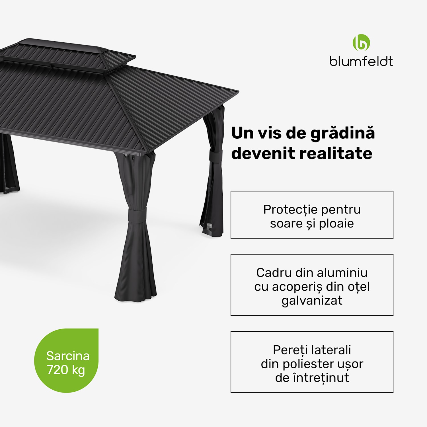 Blumfeldt ShadeFortress, foișor, 4 x 3 m, acoperiș din oțel galvanizat, protejează împotriva soarelui, ploii și vântului 3 x 4 m