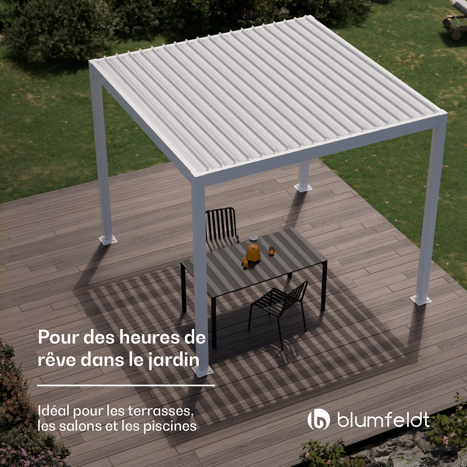 LuminaHaven Pavillon 3x3 m toit à lames en acier galvanisé protège du soleil, de la pluie et du vent 3 x 3 m | Blanc