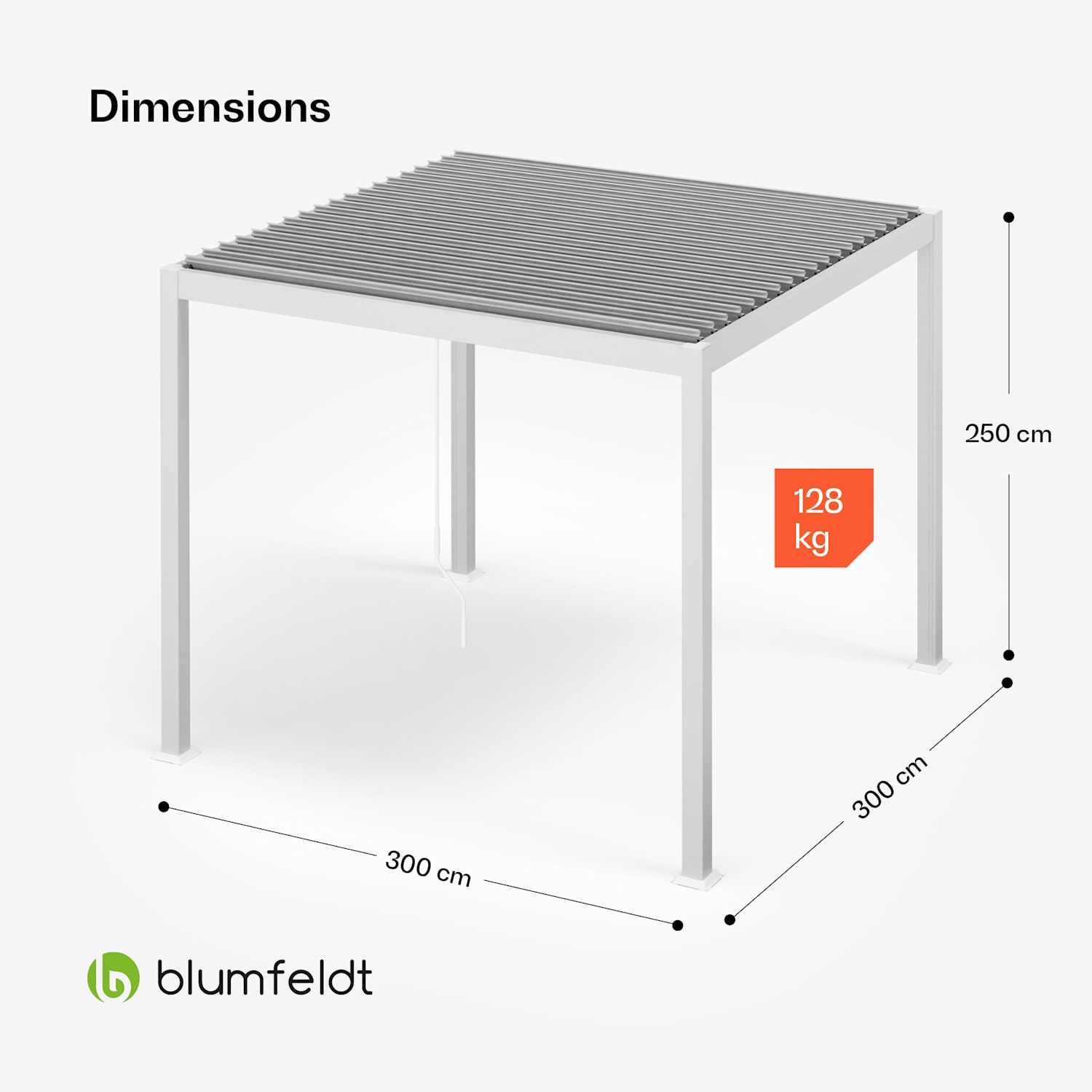 LuminaHaven Pavillon 3x3 m toit à lames en acier galvanisé protège du soleil, de la pluie et du vent 3 x 3 m | Blanc