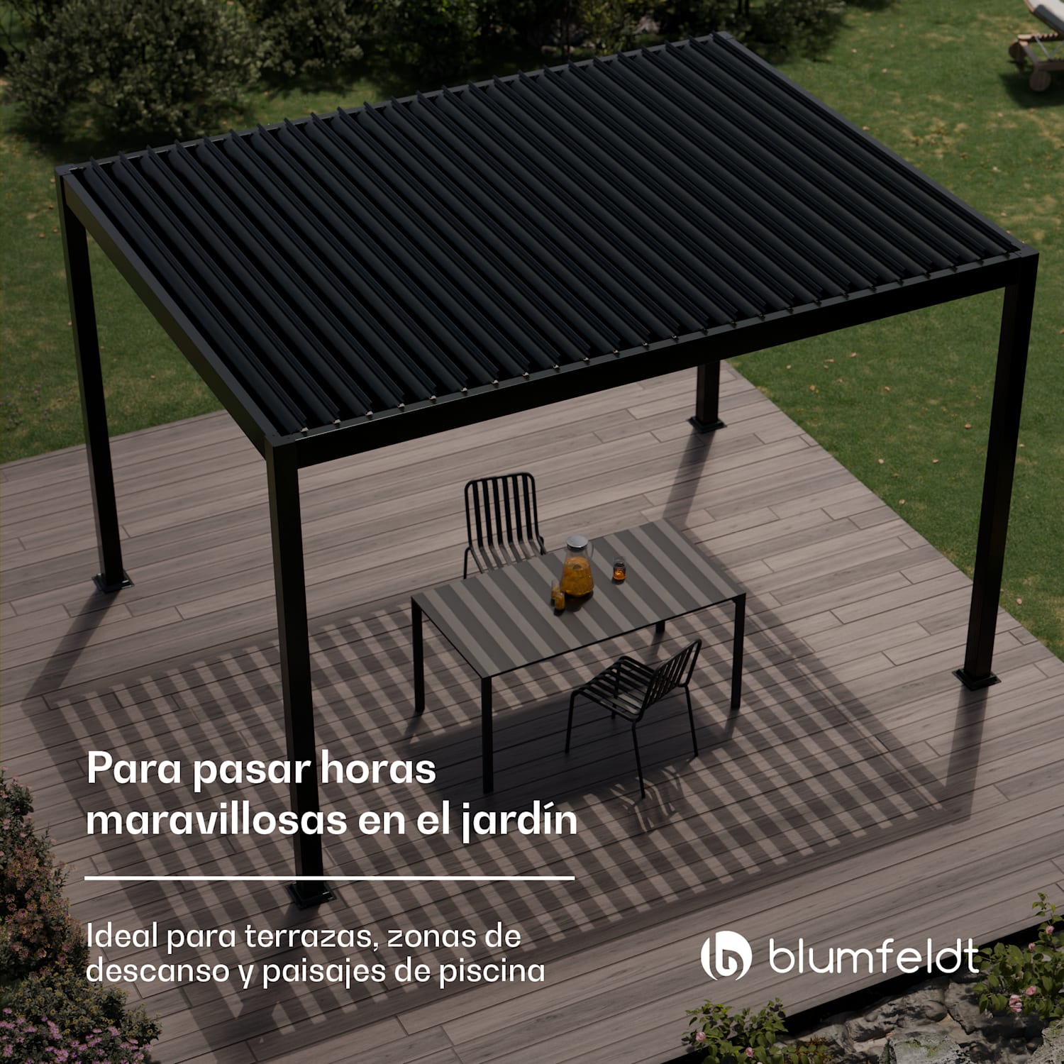 Cenador LuminaHaven 3x4 m techo de lamas de acero galvanizado protege del sol, la lluvia y el viento 3 x 4 m | Negro