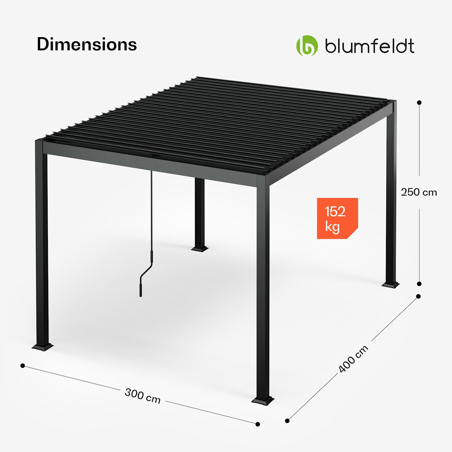 LuminaHaven gazebo 3x4 m galvanised slatted steel roof protects against sun, rain and wind 3 x 4 m | Black