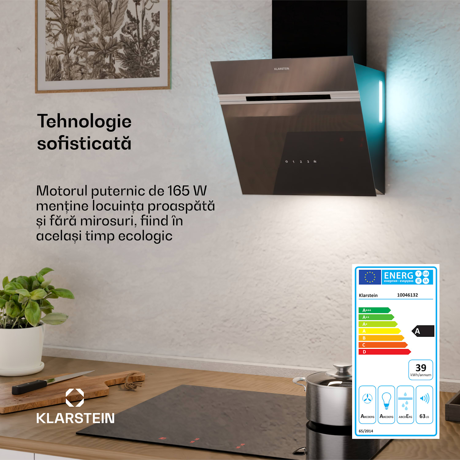 Hota Alina, 40 cm, 538 m³/h, Afișaj cu LED, Iluminare ambientală, Partea frontală din sticlă, EEK A 40 cm | Negru